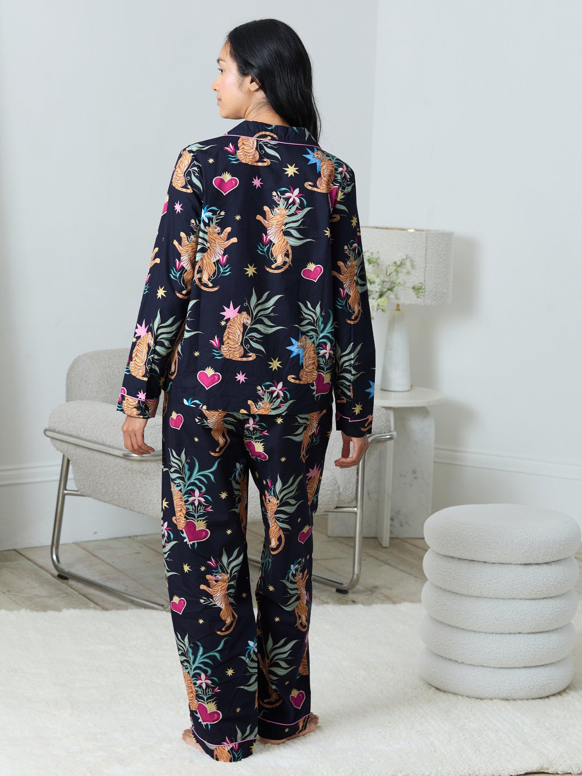 Product image 5 of 5, which shows Chelsea Peers Enchanted Tiger Button Through Long Pyjama Set, Navy, 8