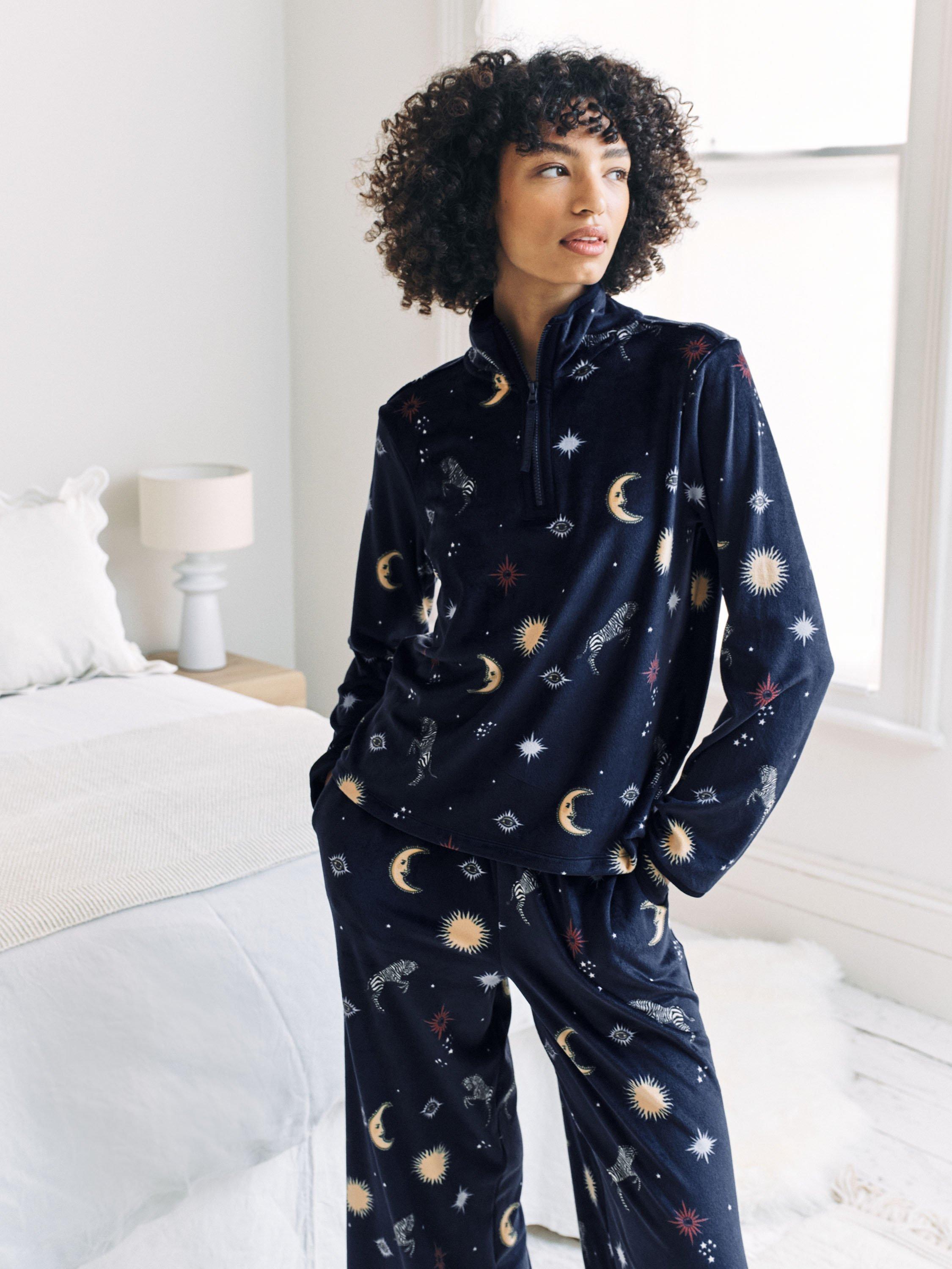 Product image 2 of 6, which shows Chelsea Peers Celestial Zebra Zip Neck Lounge Set, Navy, 18