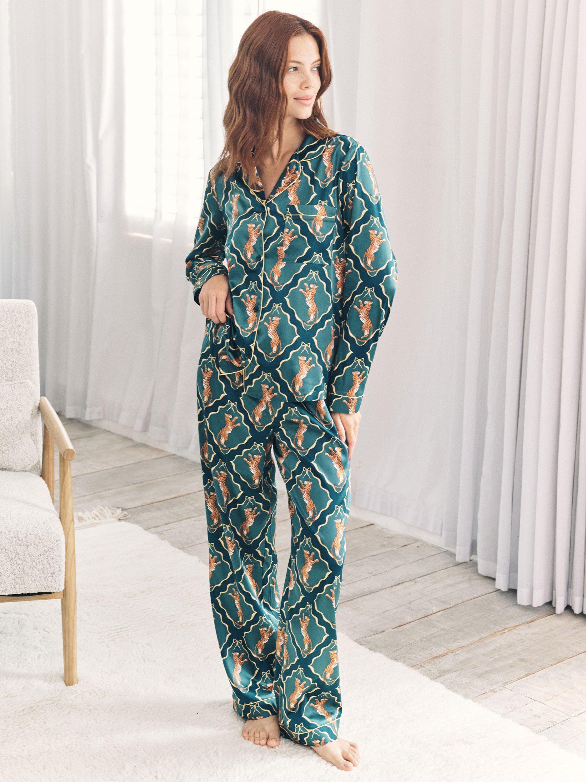 Chelsea Peers Dancing Tiger Button Through Long Pyjama Set, Teal