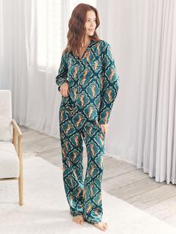 Chelsea Peers Dancing Tiger Button Through Long Pyjama Set, Teal, Teal