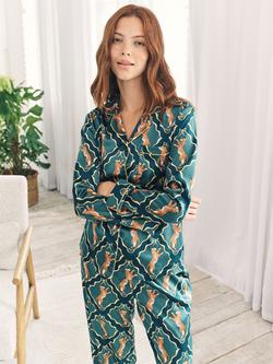 Chelsea Peers Dancing Tiger Button Through Long Pyjama Set, Teal - view 2, Teal