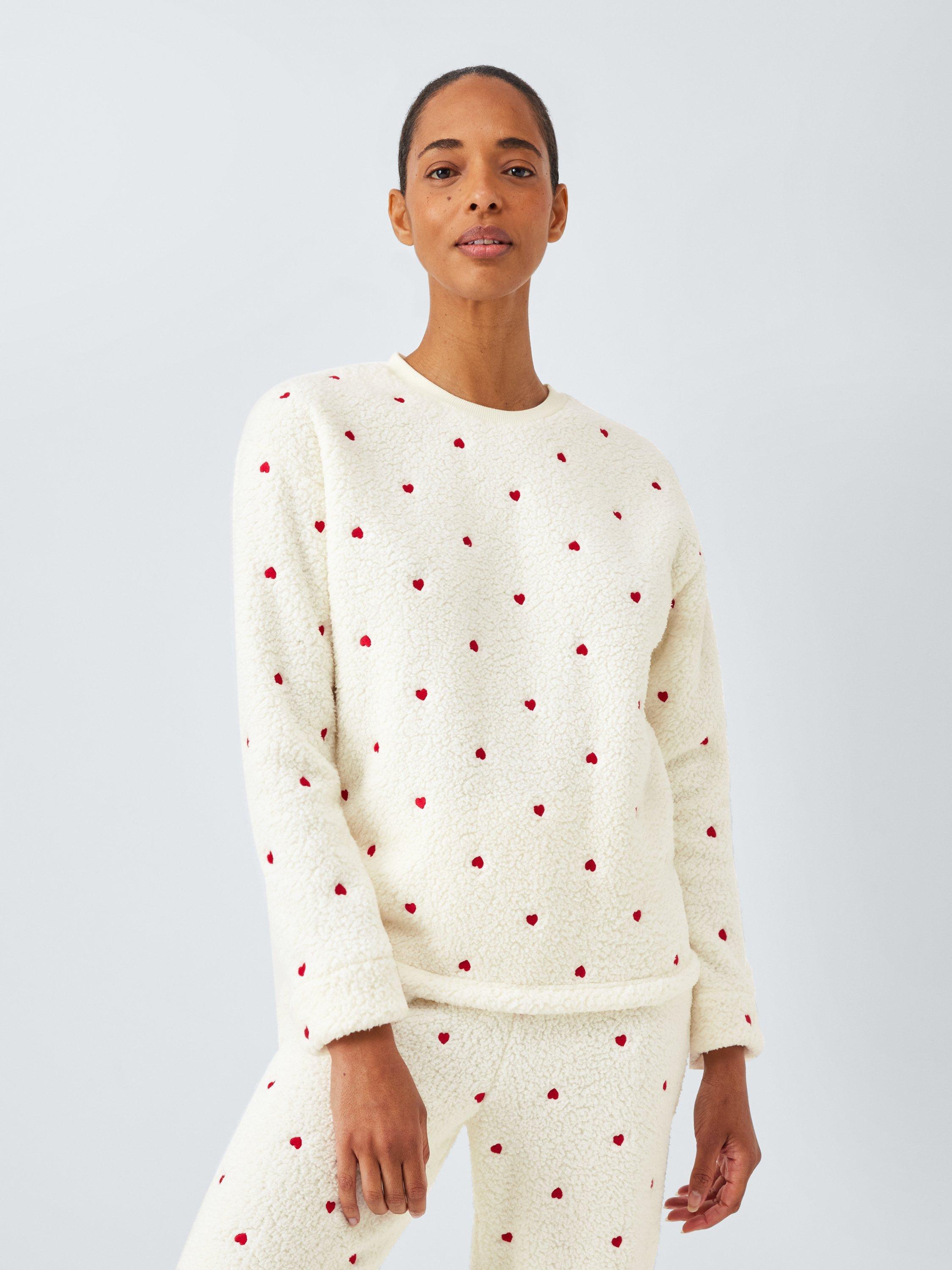 Product image 1 of 6, which shows John Lewis Embroidered Heart Borg Lounge Set, Ivory/Red, S