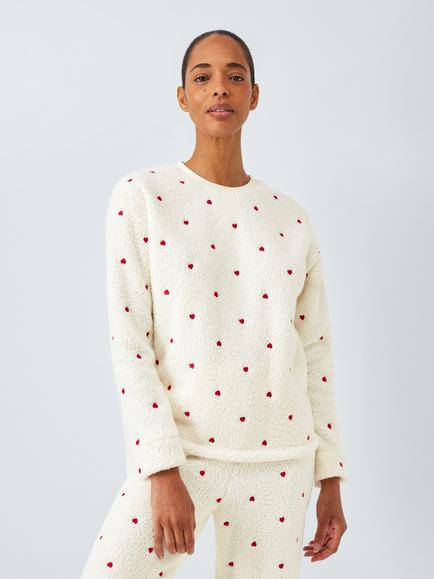 John Lewis Embroidered Heart Borg Lounge Set, Ivory/Red, Ivory/Red