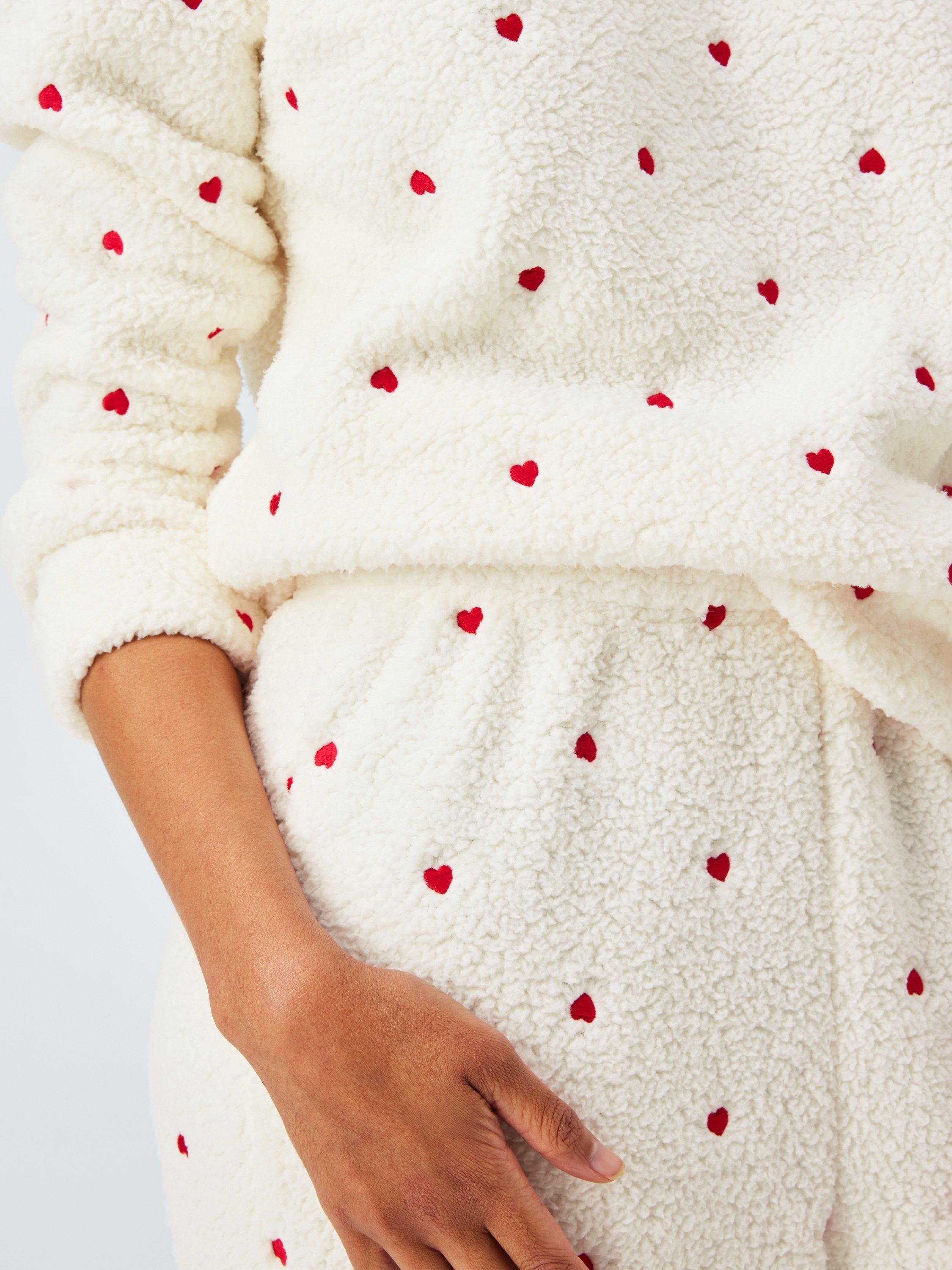Product image 4 of 6, which shows John Lewis Embroidered Heart Borg Lounge Set, Ivory/Red, S