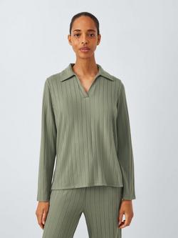 John Lewis Snit Ribbed Polo Lounge Set, Khaki