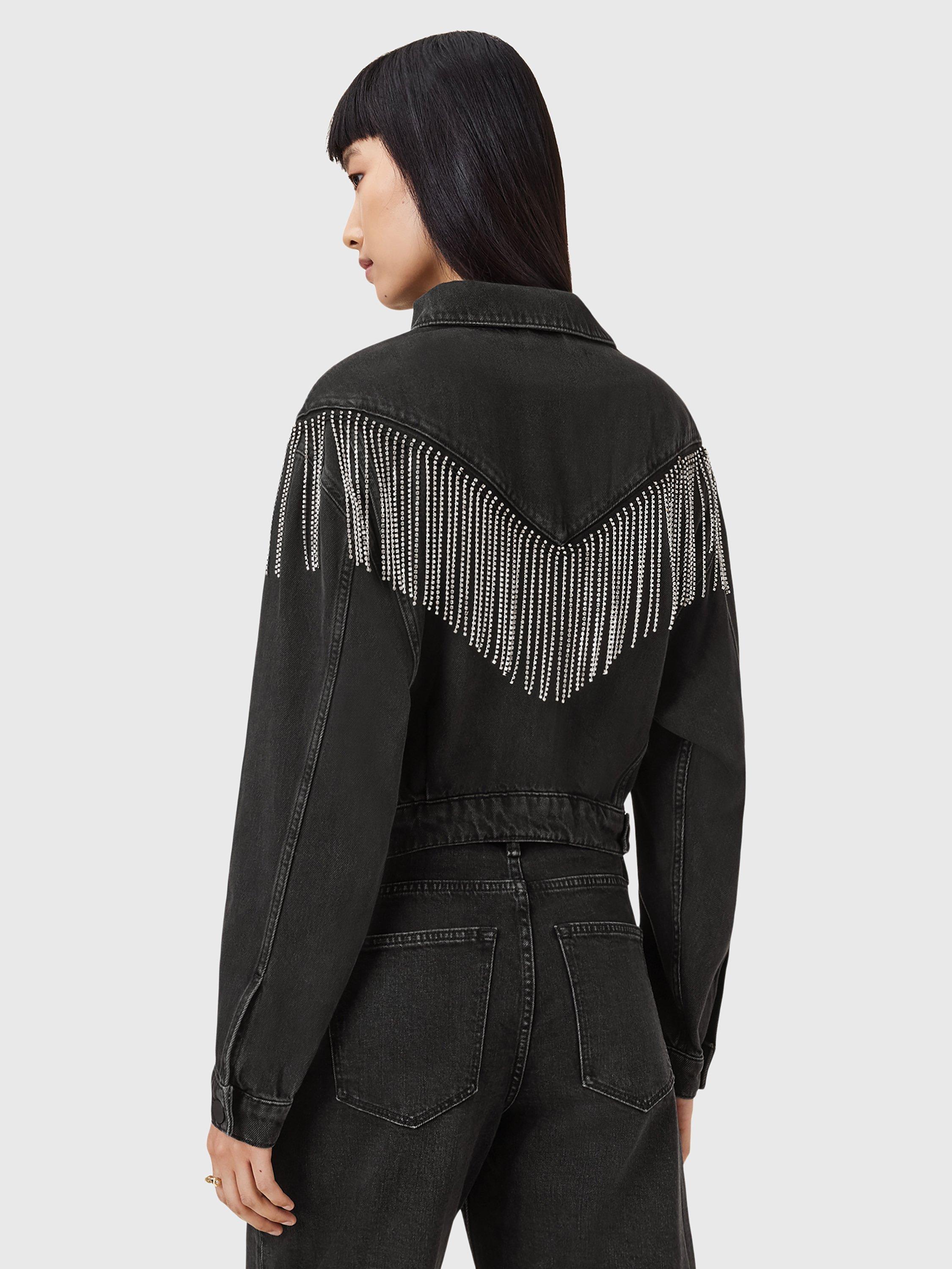Product image 2 of 8, which shows AllSaints Marlene Fringe Embellishment Pure Organic Cotton Denim Jacket, Black, 16