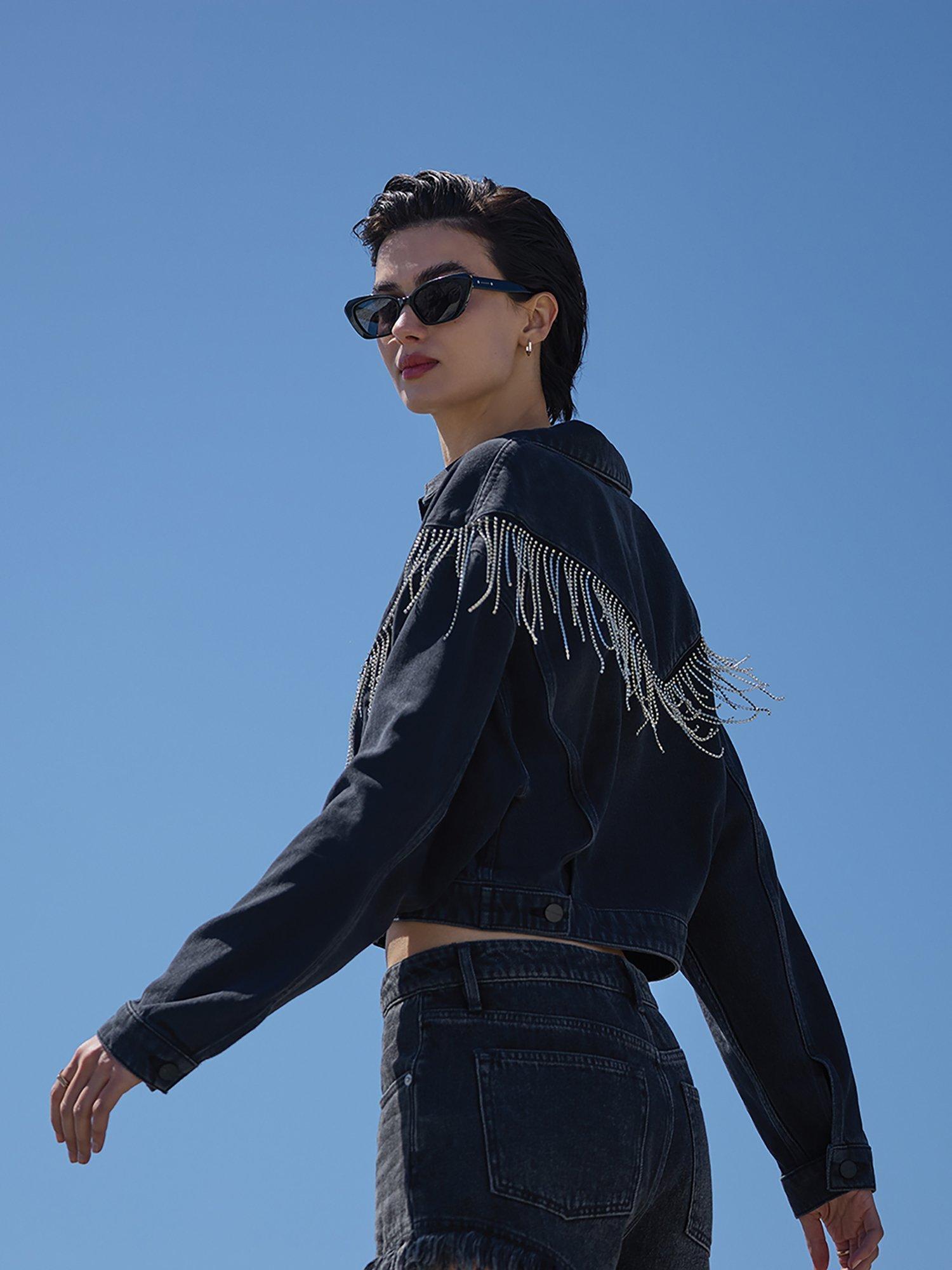 Product image 3 of 8, which shows AllSaints Marlene Fringe Embellishment Pure Organic Cotton Denim Jacket, Black, 16