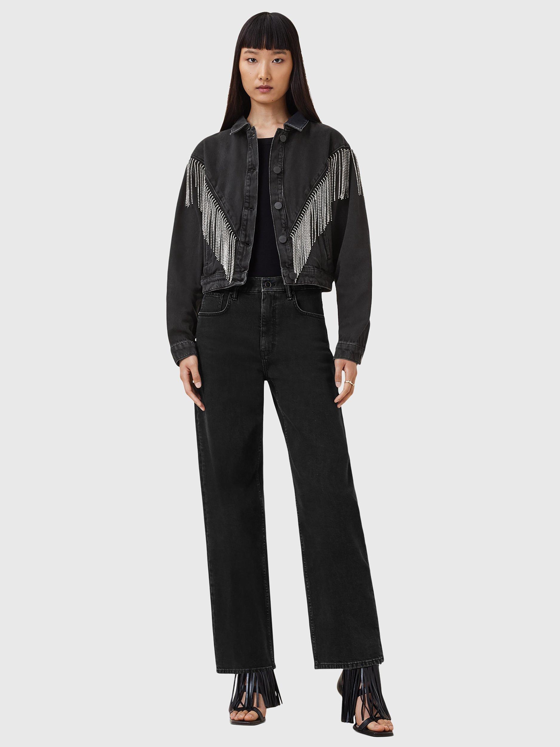 Product image 4 of 8, which shows AllSaints Marlene Fringe Embellishment Pure Organic Cotton Denim Jacket, Black, 16