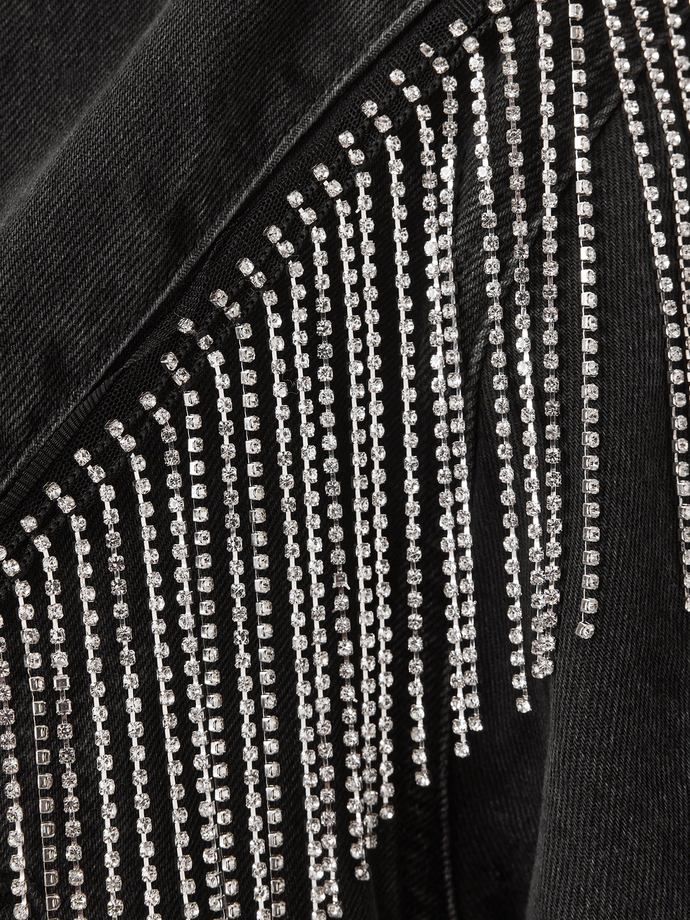 Product image 6 of 8, which shows AllSaints Marlene Fringe Embellishment Pure Organic Cotton Denim Jacket, Black, 16