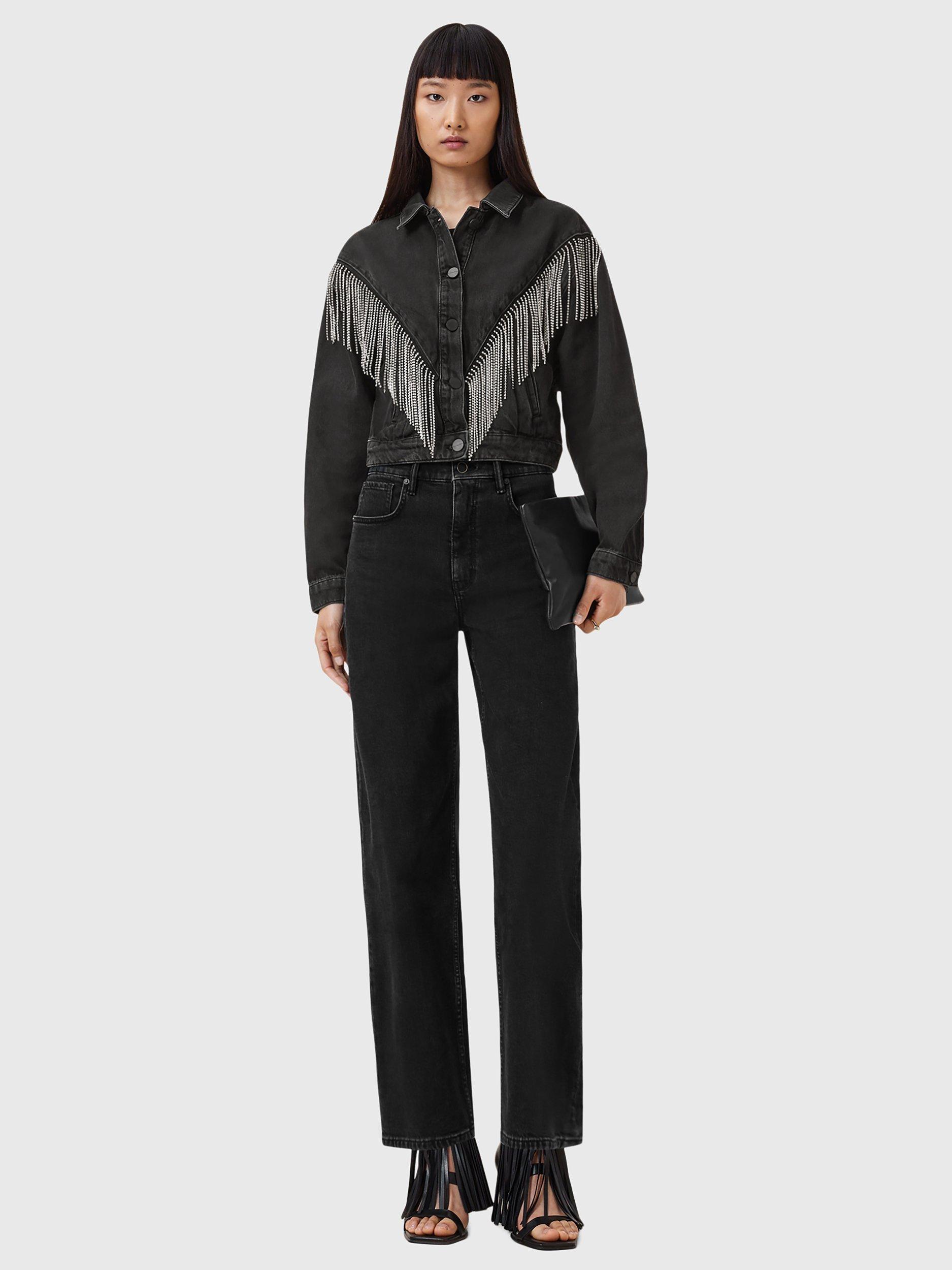 Product image 7 of 8, which shows AllSaints Marlene Fringe Embellishment Pure Organic Cotton Denim Jacket, Black, 16