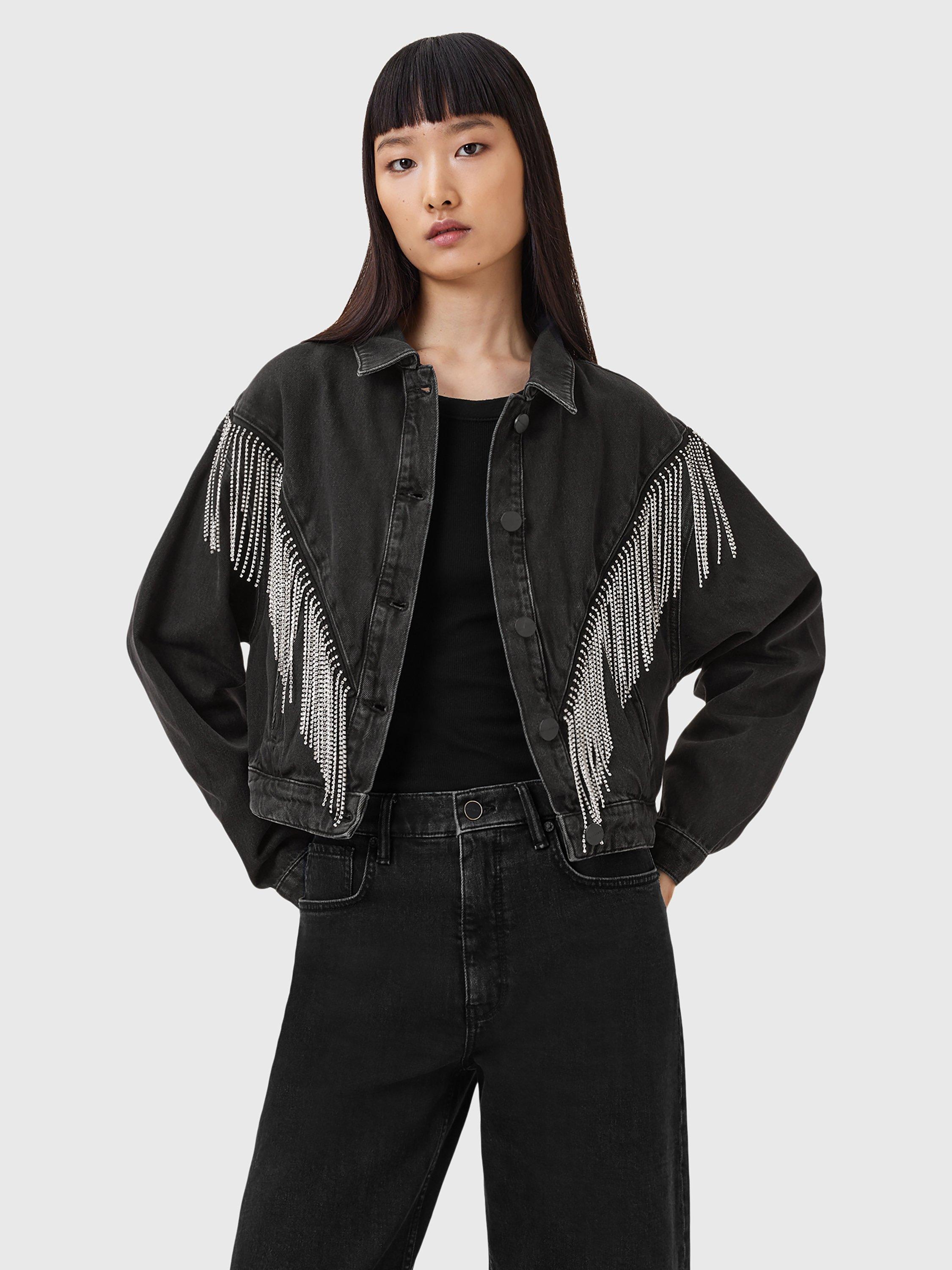 Product image 8 of 8, which shows AllSaints Marlene Fringe Embellishment Pure Organic Cotton Denim Jacket, Black, 16