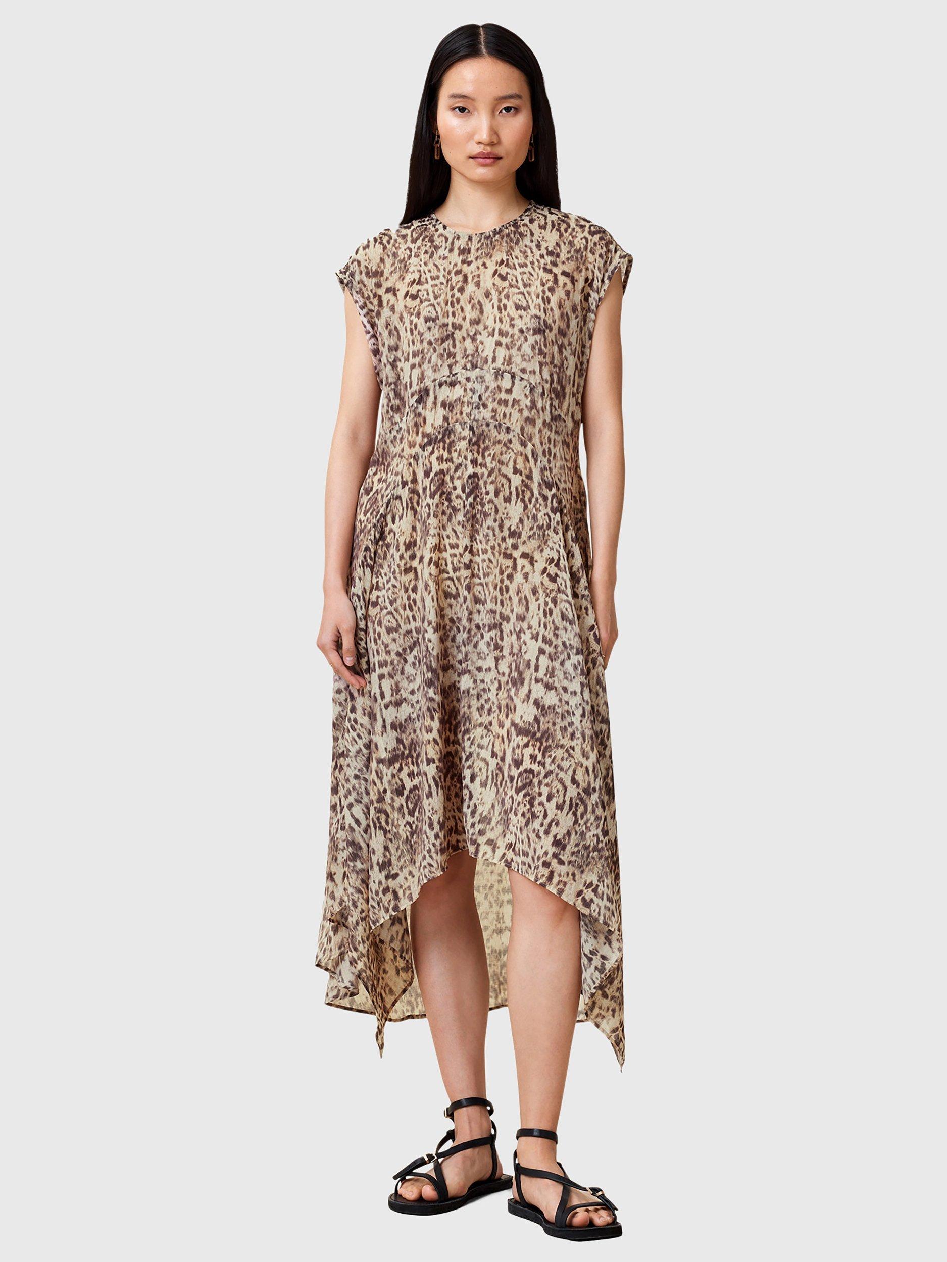 Product image 1 of 5, which shows AllSaints Arwen Animal Print Midi Dress, Evia Sand/Multi, 10