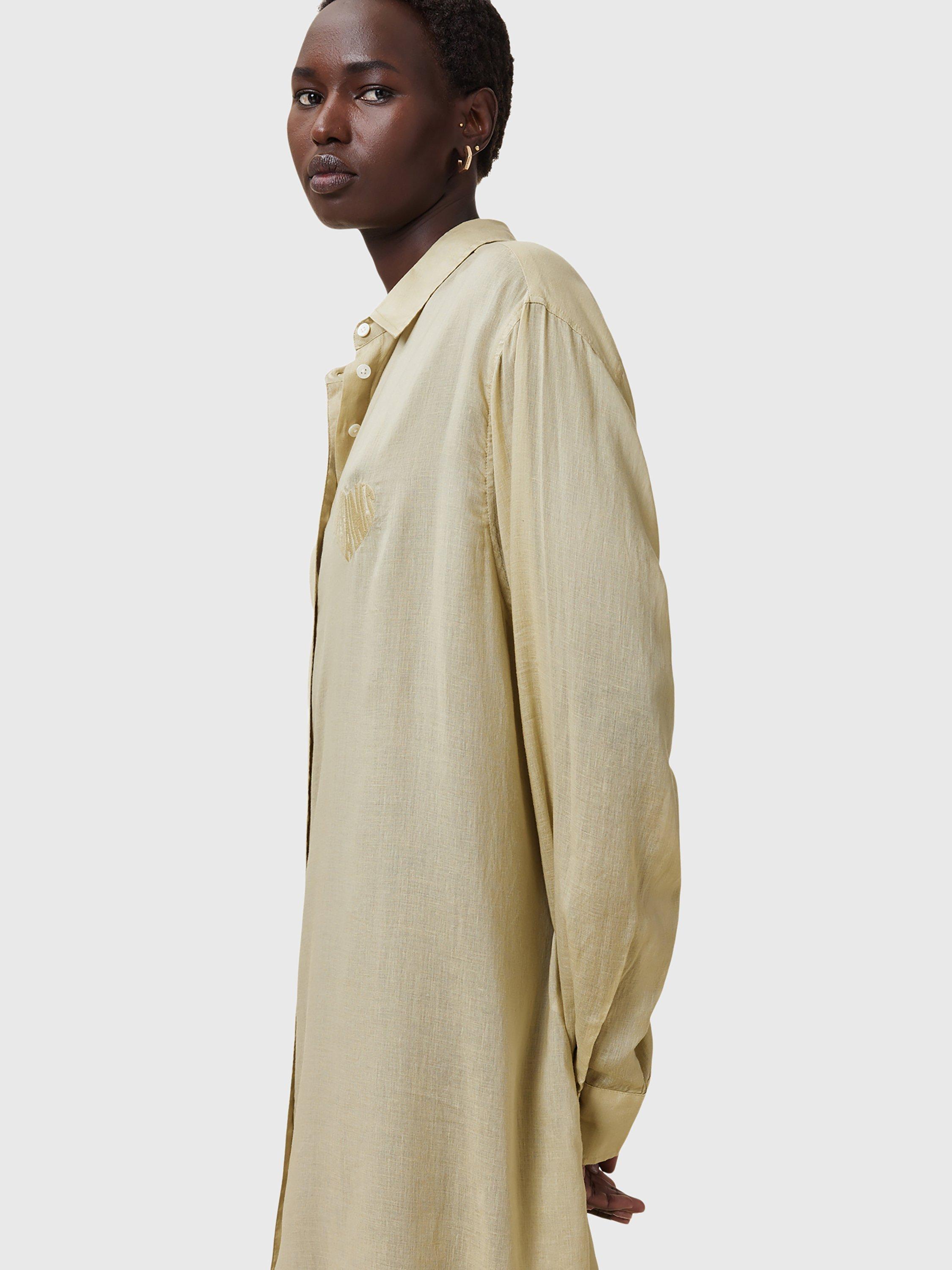 Product image 1 of 10, which shows AllSaints Ezra Linen Blend Maxi Shirt Dress, Olive Yellow, S