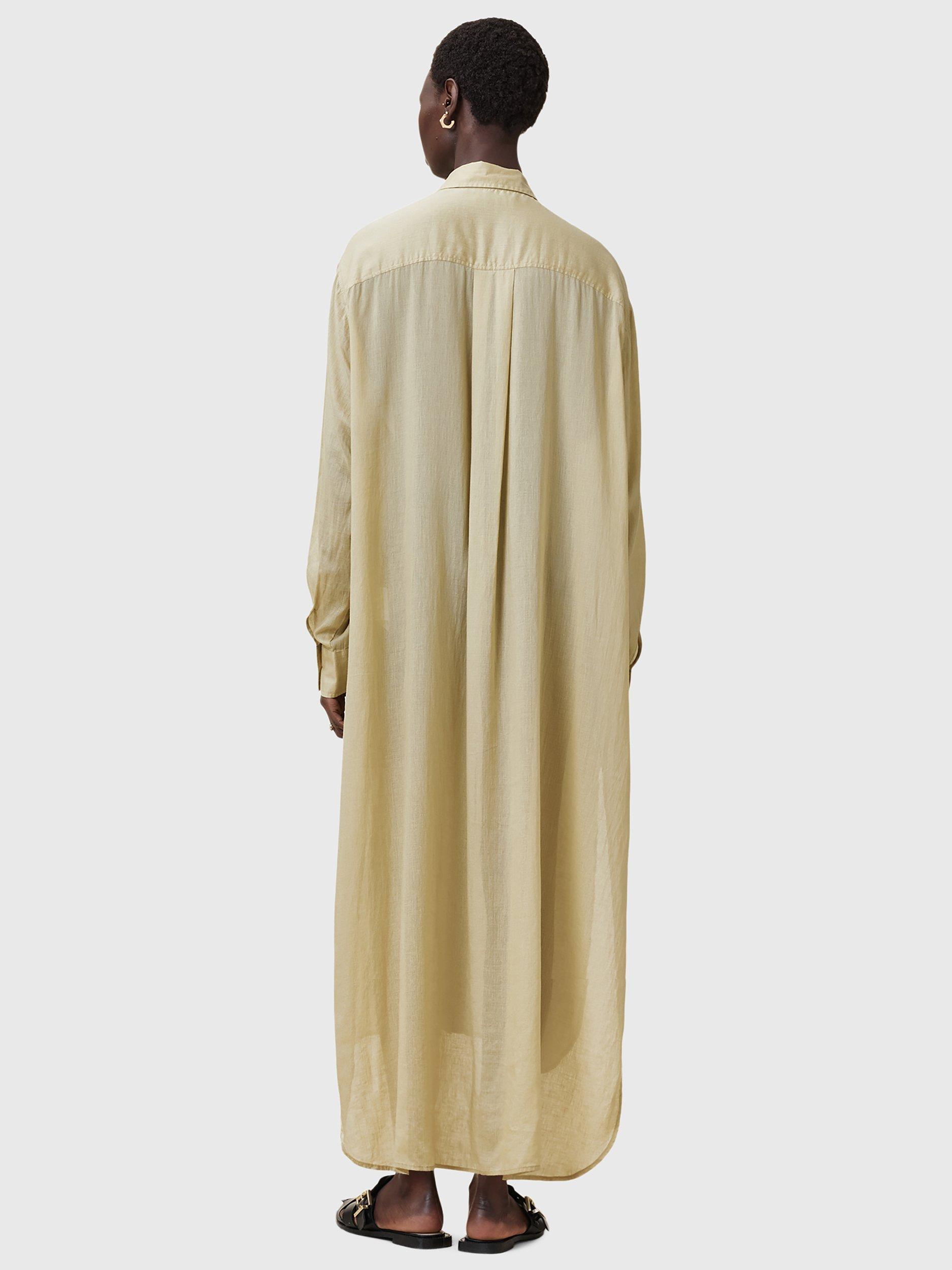 Product image 2 of 10, which shows AllSaints Ezra Linen Blend Maxi Shirt Dress, Olive Yellow, S
