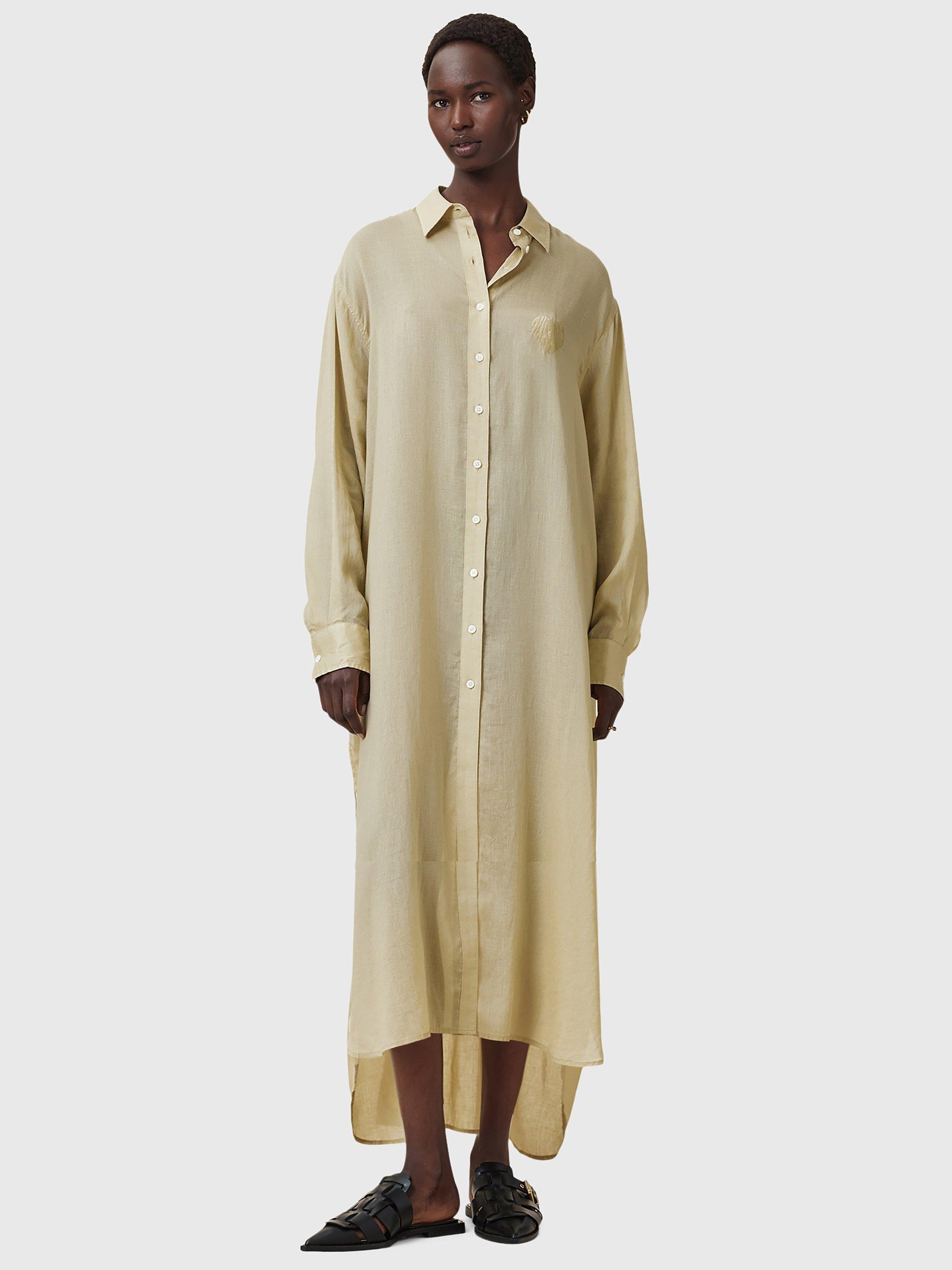 Product image 3 of 10, which shows AllSaints Ezra Linen Blend Maxi Shirt Dress, Olive Yellow, S