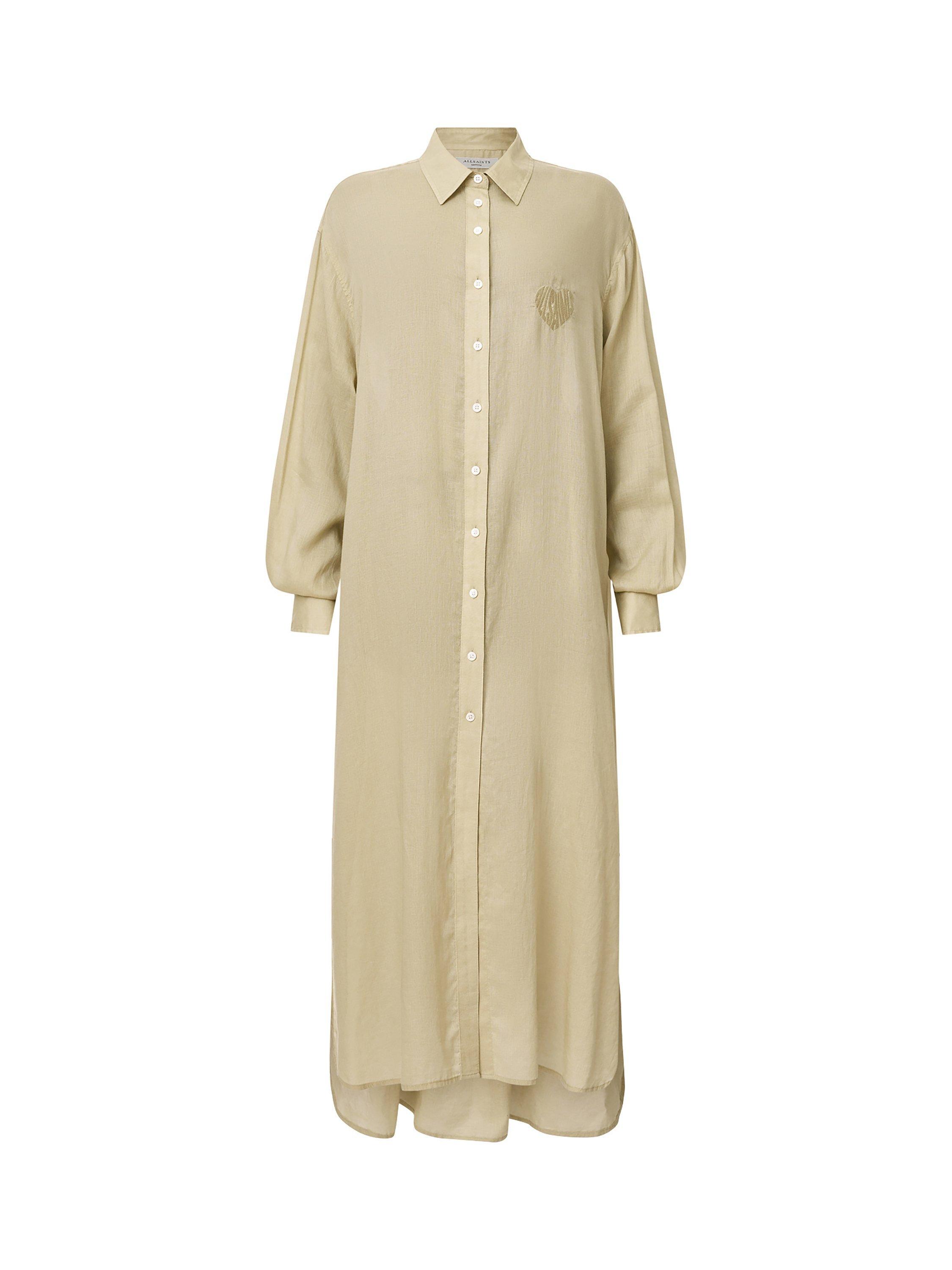 Product image 4 of 10, which shows AllSaints Ezra Linen Blend Maxi Shirt Dress, Olive Yellow, S