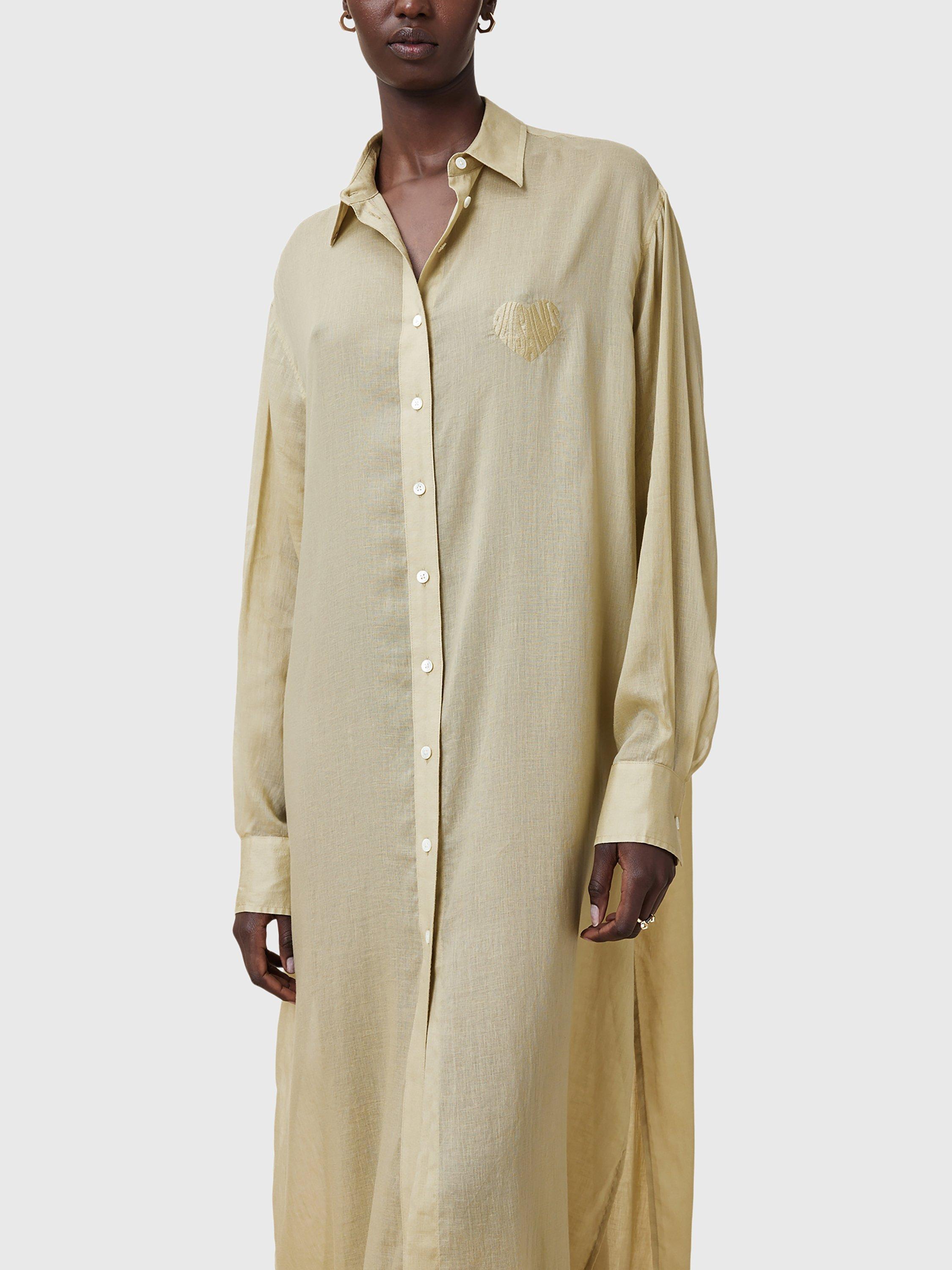Product image 6 of 10, which shows AllSaints Ezra Linen Blend Maxi Shirt Dress, Olive Yellow, S