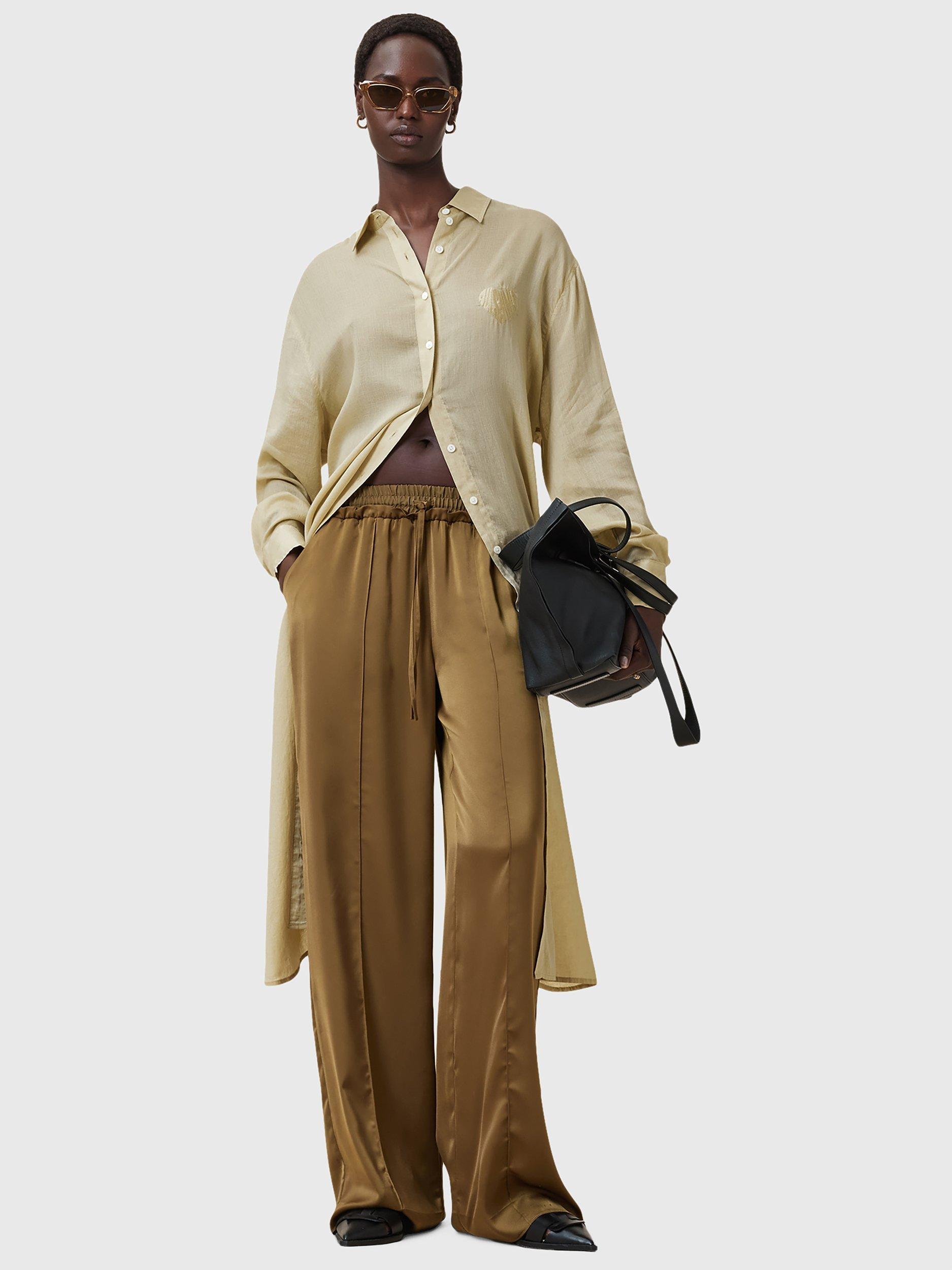 Product image 8 of 10, which shows AllSaints Ezra Linen Blend Maxi Shirt Dress, Olive Yellow, S