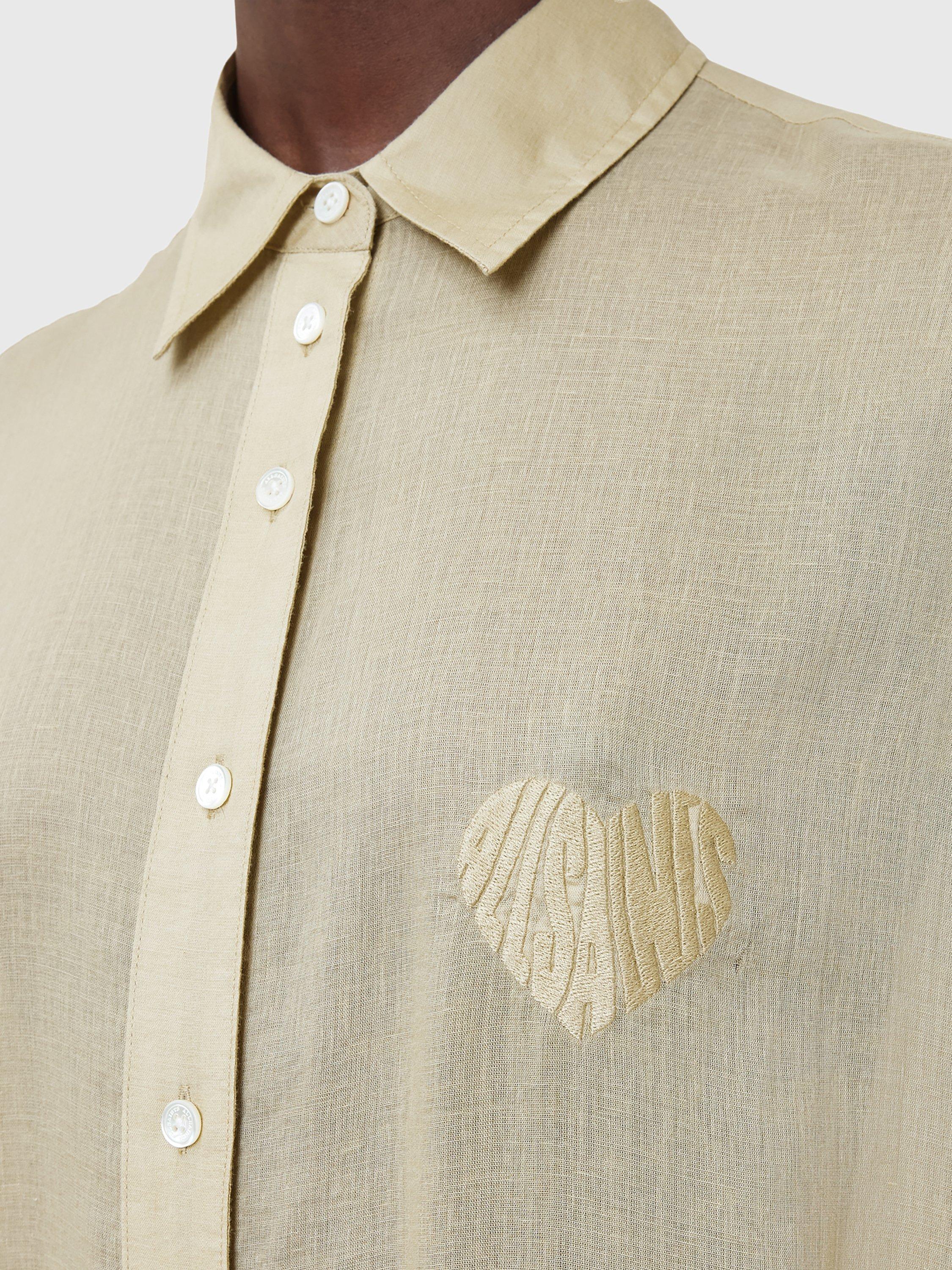 Product image 9 of 10, which shows AllSaints Ezra Linen Blend Maxi Shirt Dress, Olive Yellow, S