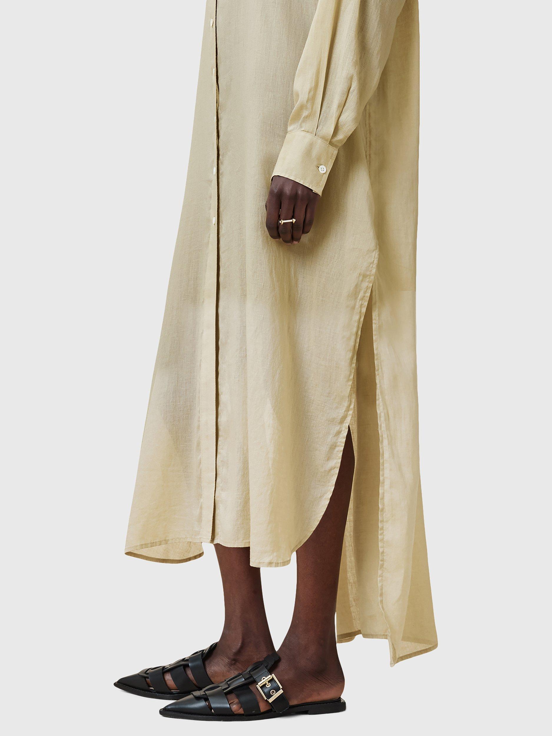 Product image 10 of 10, which shows AllSaints Ezra Linen Blend Maxi Shirt Dress, Olive Yellow, S