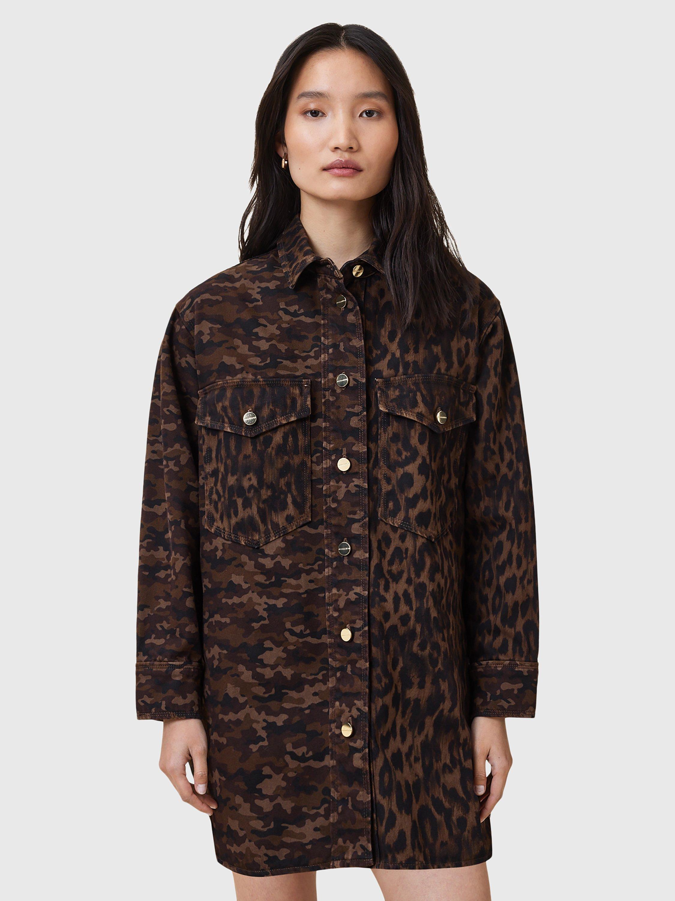 Product image 1 of 7, which shows AllSaints Faye Cotton Blend Oversized Shacket Dress, Camo Brown, L