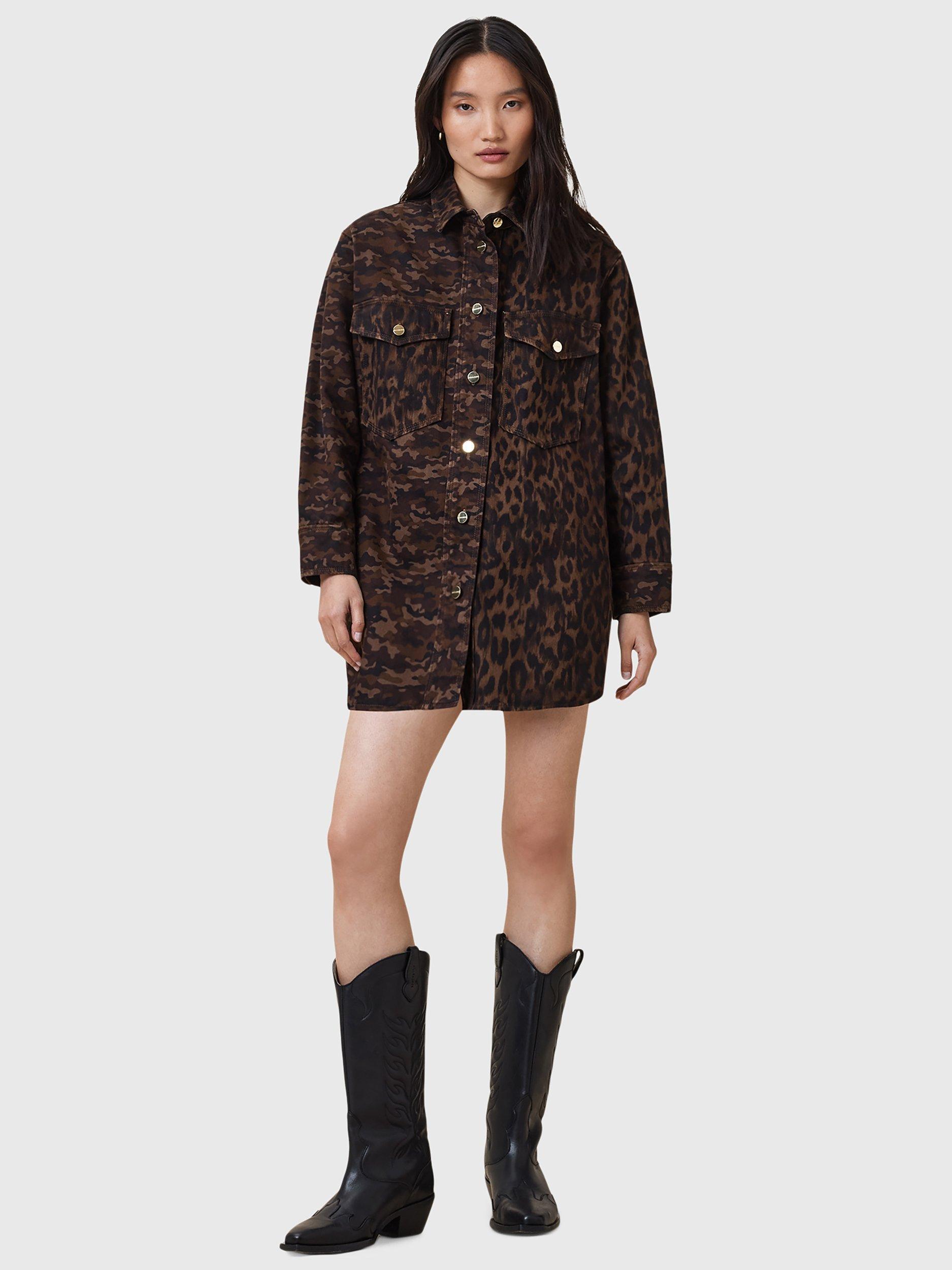 Product image 3 of 7, which shows AllSaints Faye Cotton Blend Oversized Shacket Dress, Camo Brown, L