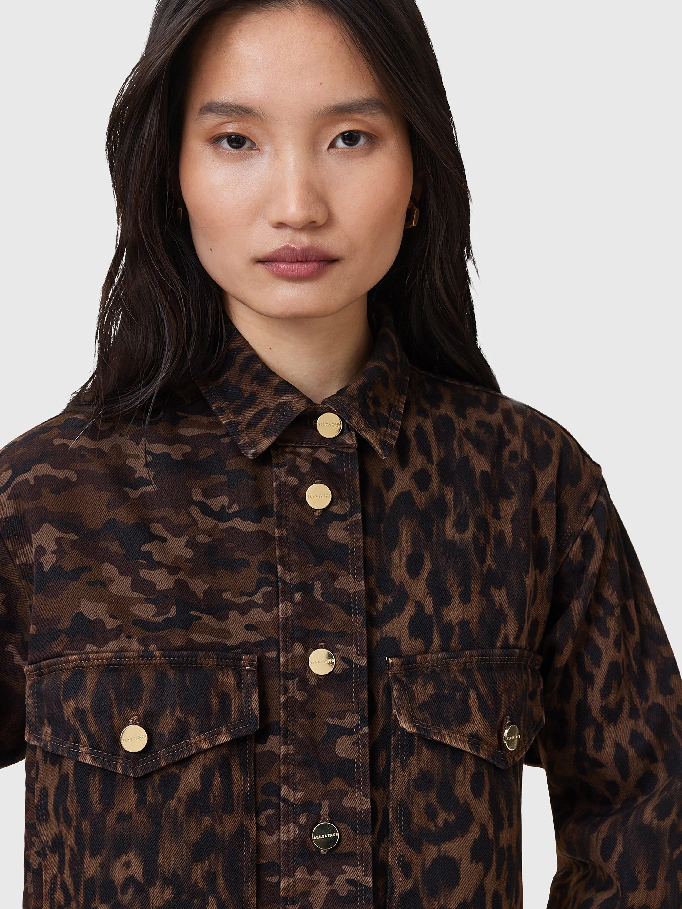Product image 5 of 7, which shows AllSaints Faye Cotton Blend Oversized Shacket Dress, Camo Brown, L