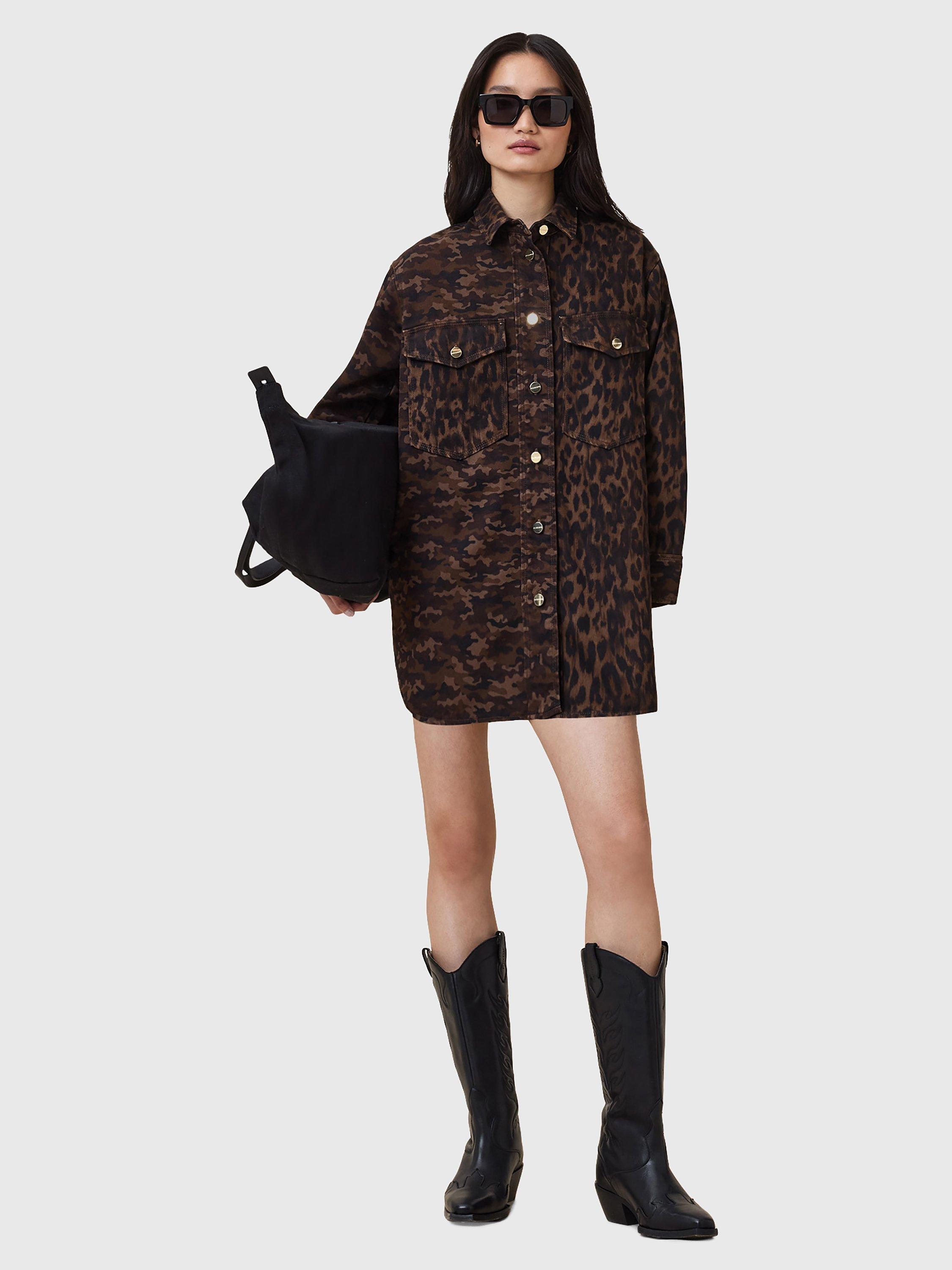 Product image 6 of 7, which shows AllSaints Faye Cotton Blend Oversized Shacket Dress, Camo Brown, L