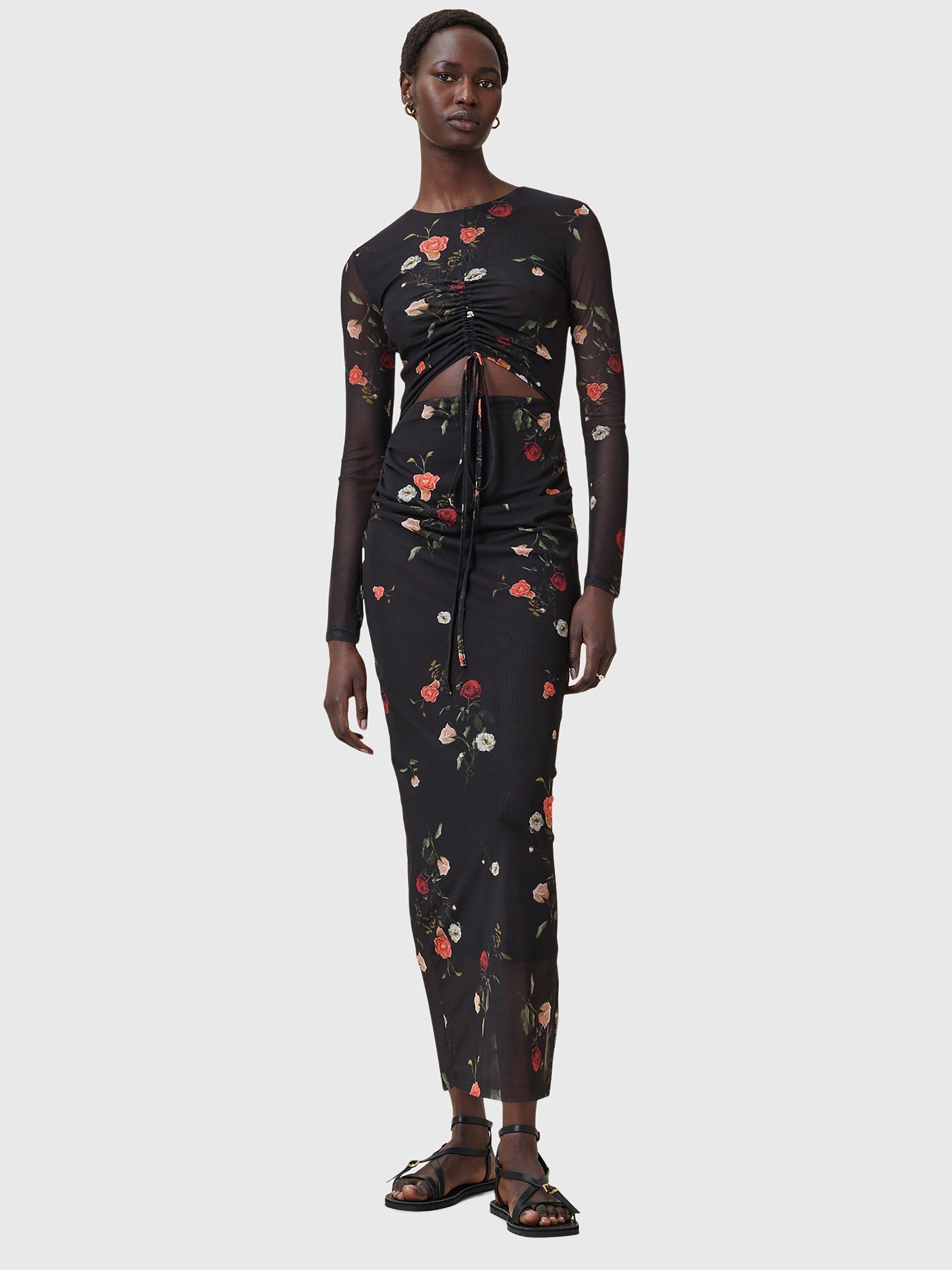 Product image 1 of 6, which shows AllSaints Kathy Floral Mesh Dress, Briar Black, 8