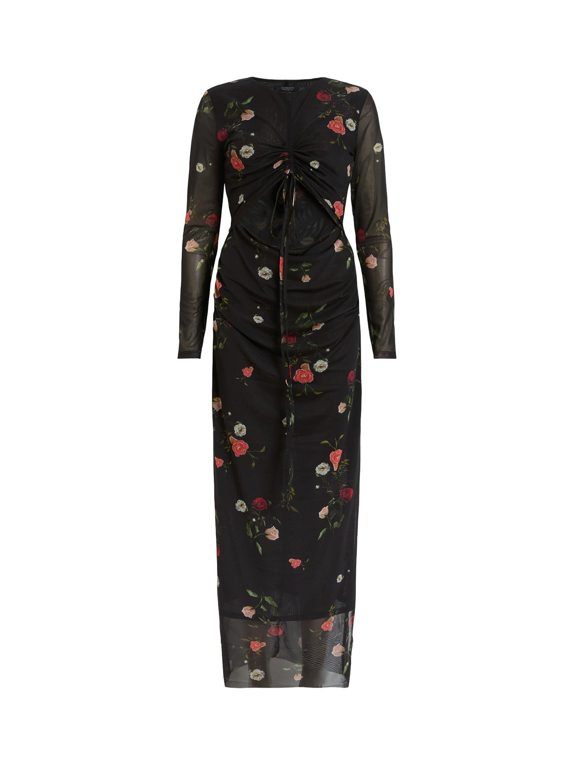 Product image 4 of 6, which shows AllSaints Kathy Floral Mesh Dress, Briar Black, 8