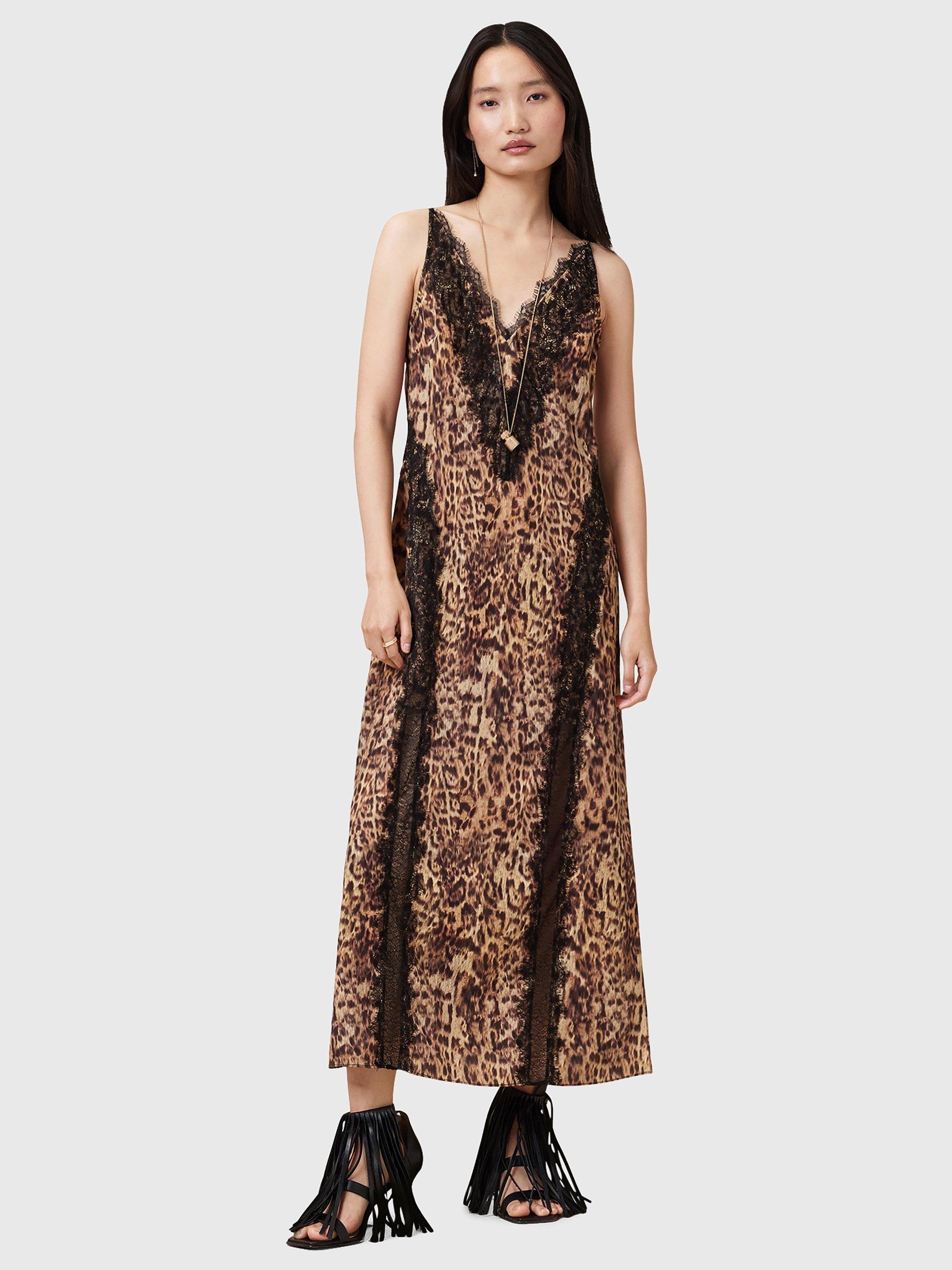 Product image 1 of 7, which shows AllSaints Melia Animal Print Lace Trim Maxi Dress, Evia Golden Brown, 10