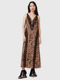 AllSaints Melia Animal Print Lace Trim Maxi Dress, Evia Golden Brown