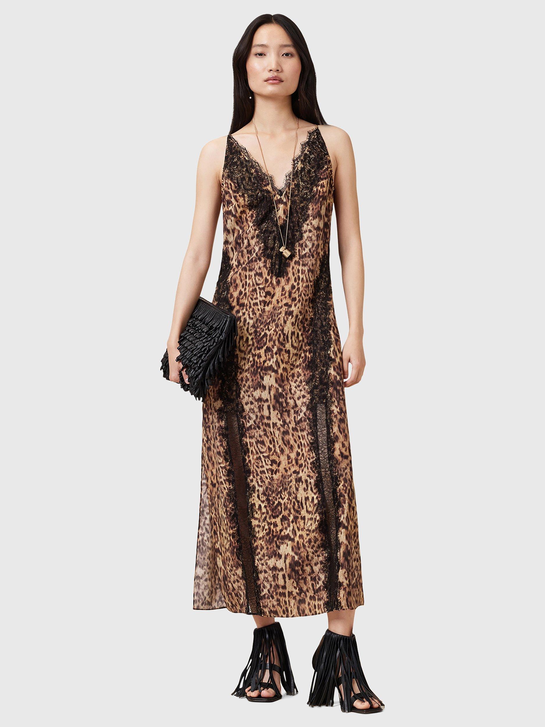 Product image 3 of 7, which shows AllSaints Melia Animal Print Lace Trim Maxi Dress, Evia Golden Brown, 10
