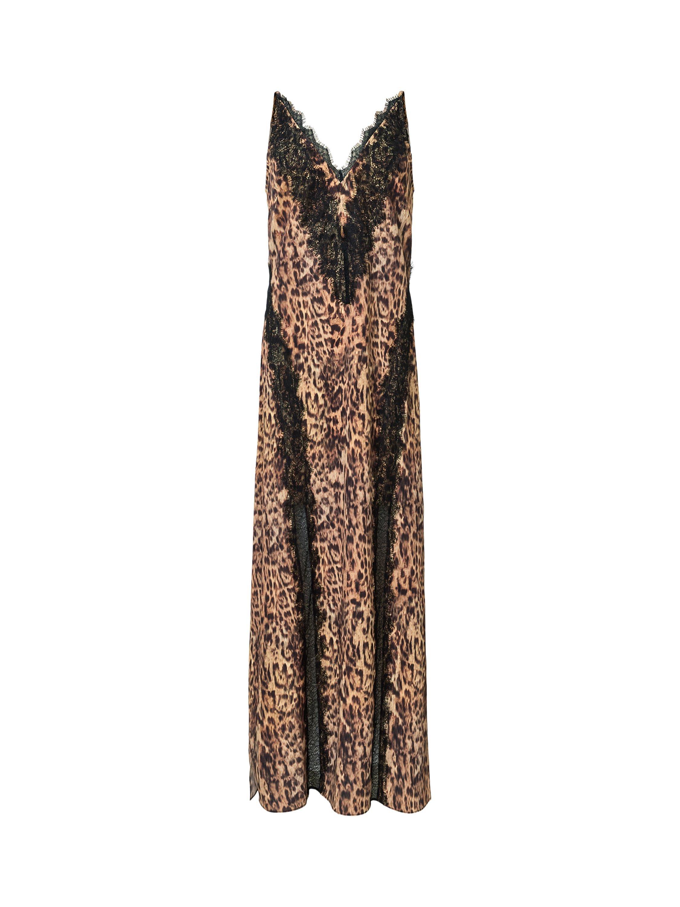 Product image 4 of 7, which shows AllSaints Melia Animal Print Lace Trim Maxi Dress, Evia Golden Brown, 10