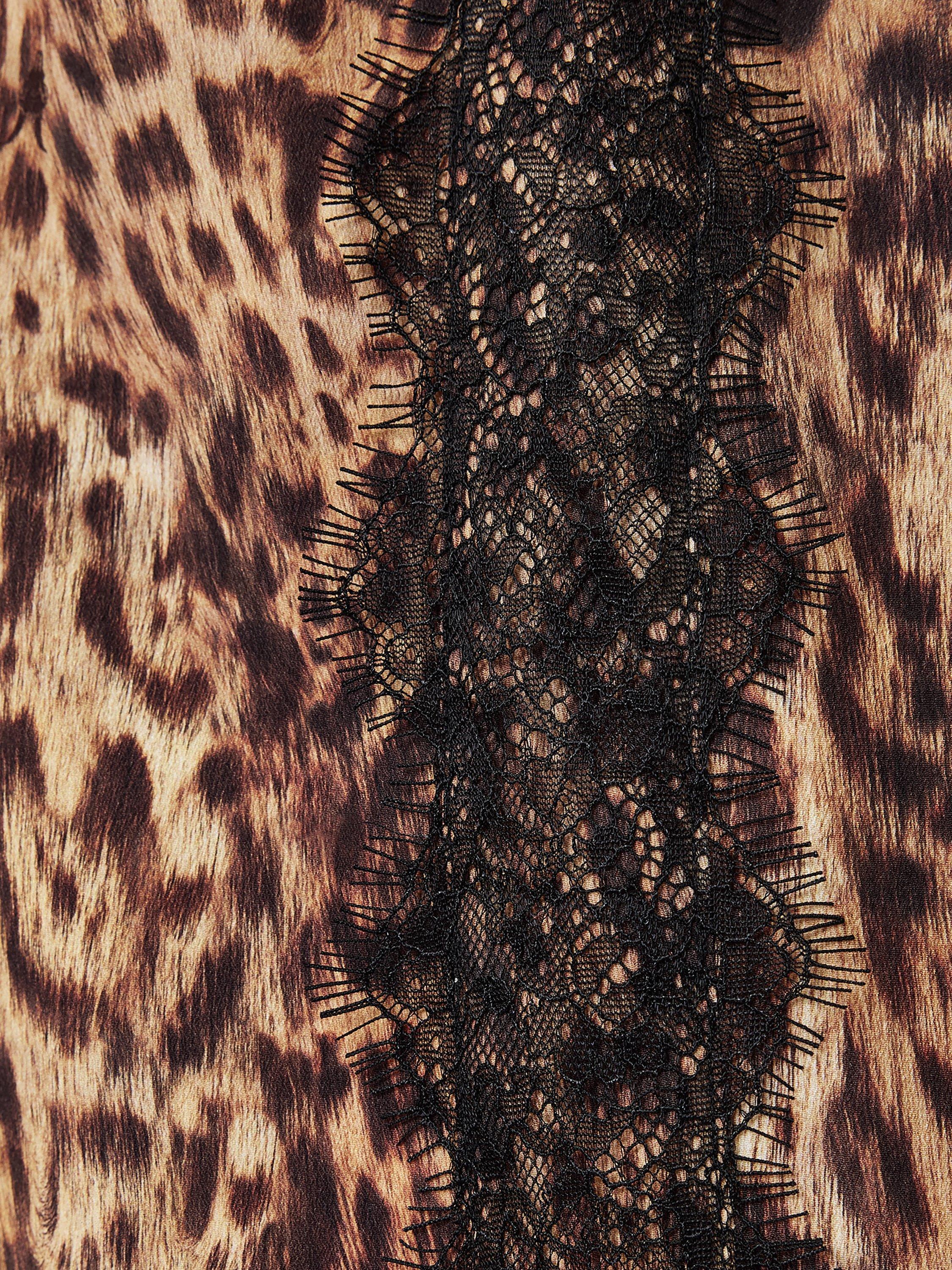 Product image 5 of 7, which shows AllSaints Melia Animal Print Lace Trim Maxi Dress, Evia Golden Brown, 10