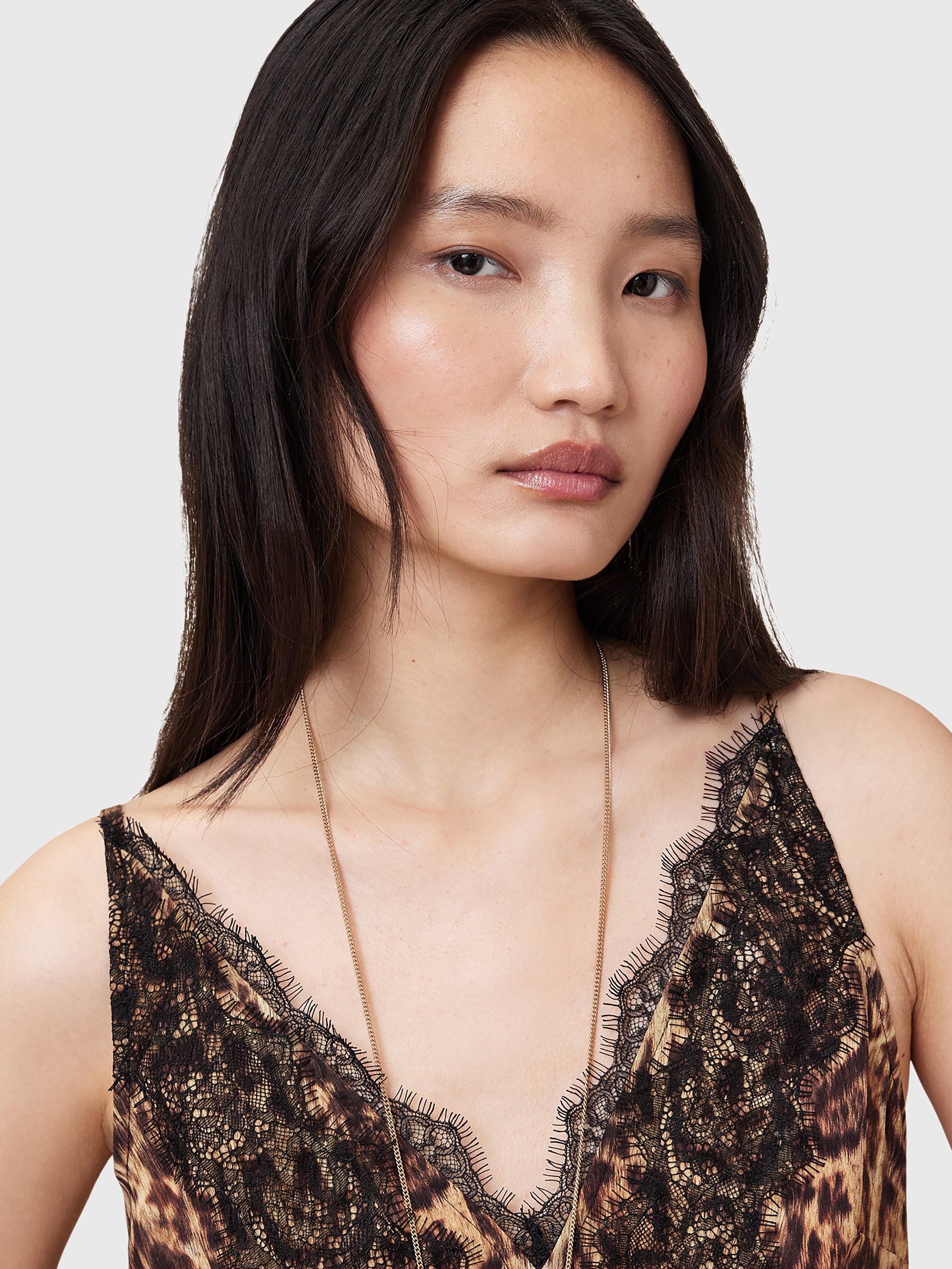 Product image 6 of 7, which shows AllSaints Melia Animal Print Lace Trim Maxi Dress, Evia Golden Brown, 10