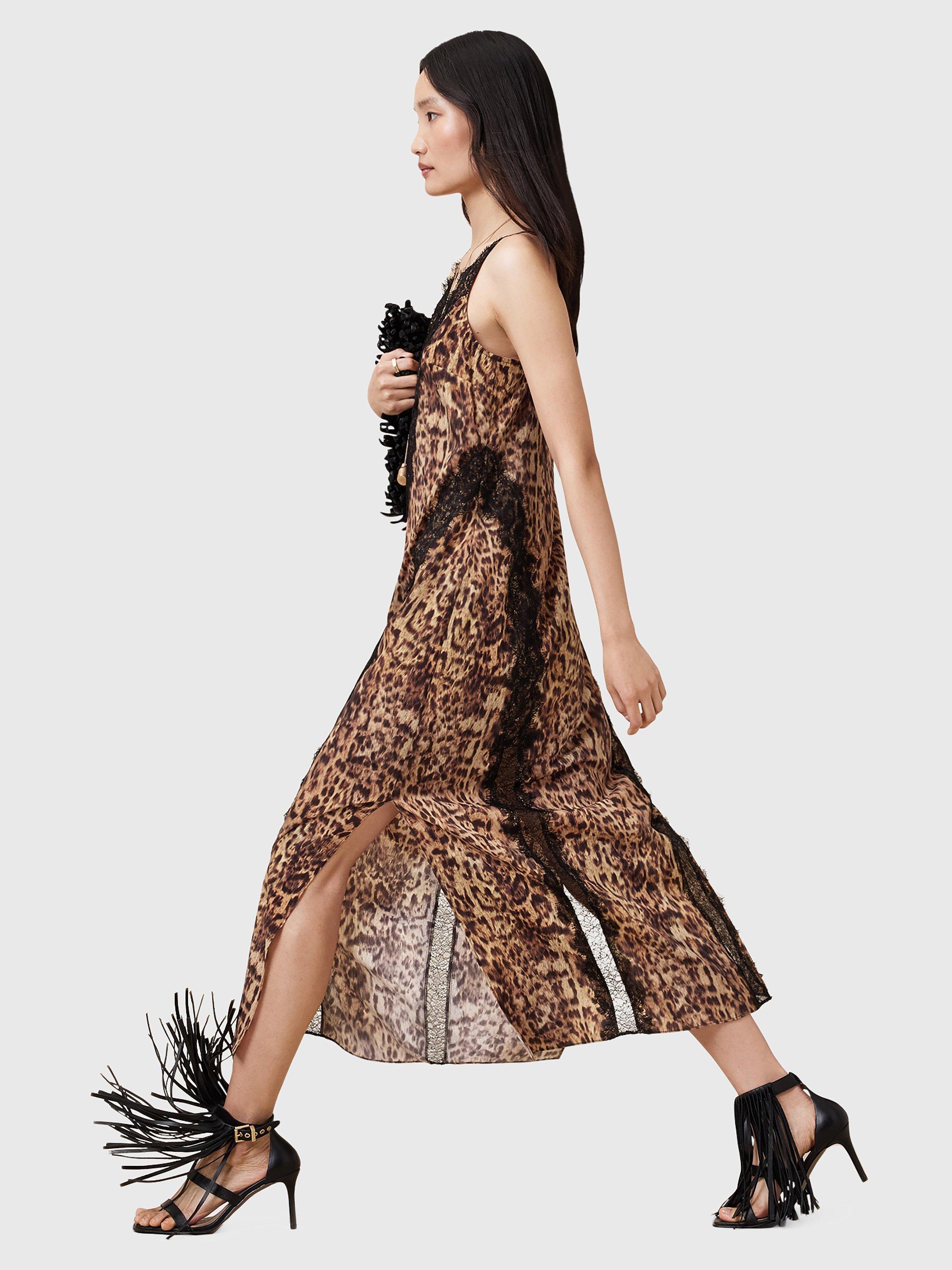 Product image 7 of 7, which shows AllSaints Melia Animal Print Lace Trim Maxi Dress, Evia Golden Brown, 10
