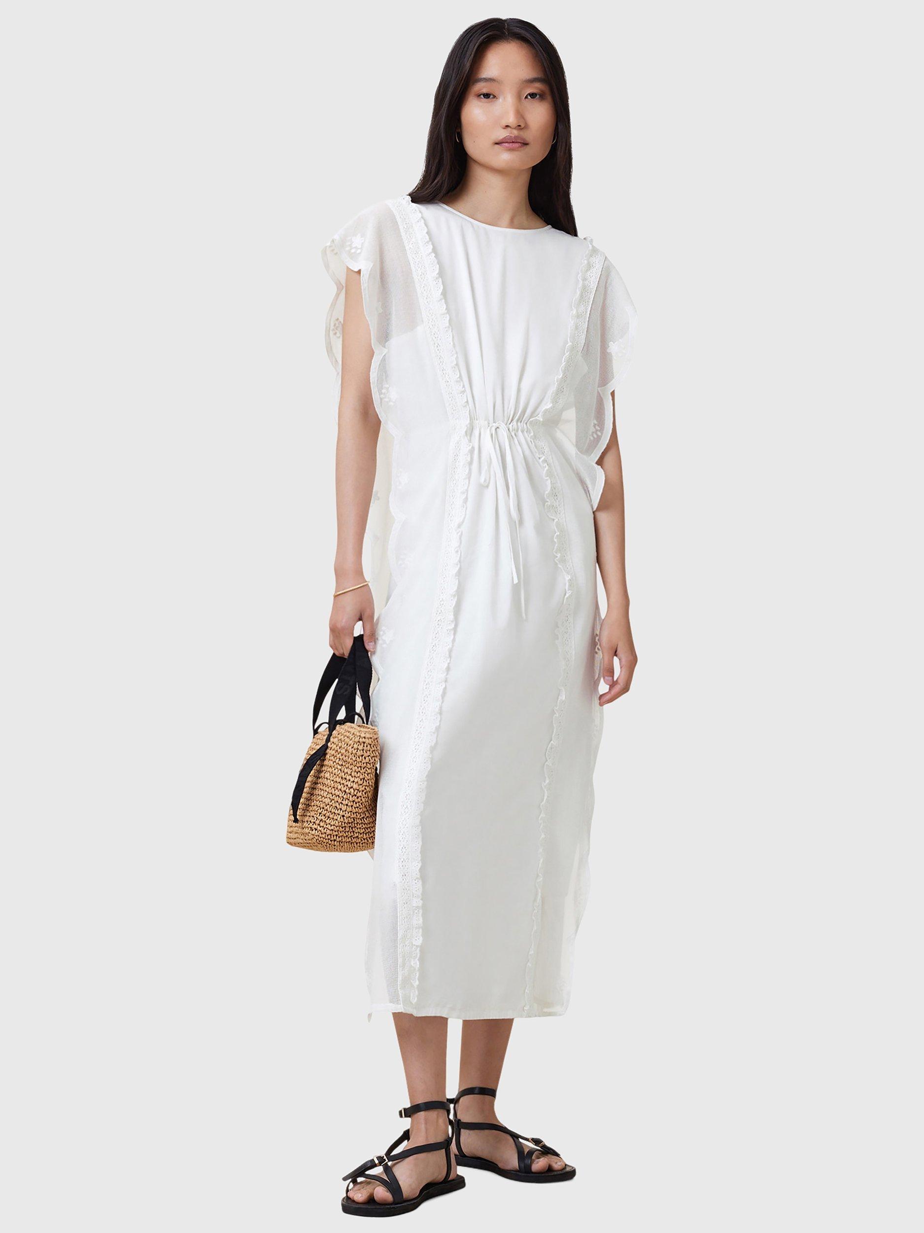 Product image 1 of 7, which shows AllSaints Ola Ruffle Midi Dress, Off White, 12