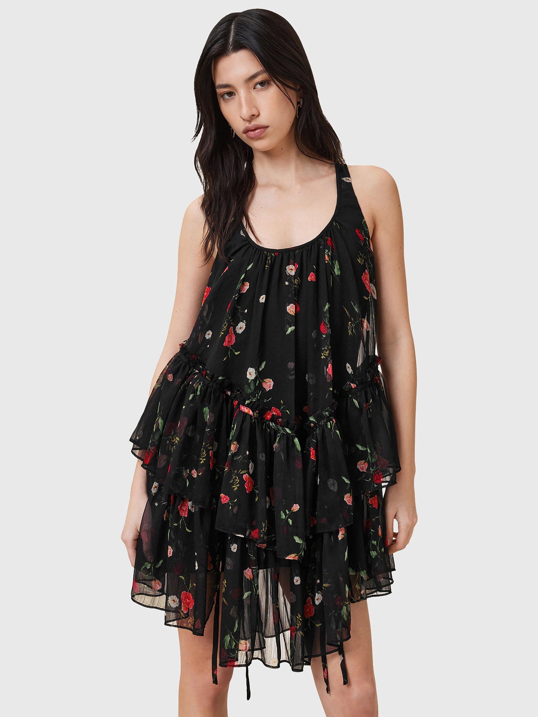 Product image 1 of 7, which shows AllSaints Rach Floral Tiered Dress, Briar Black, 10