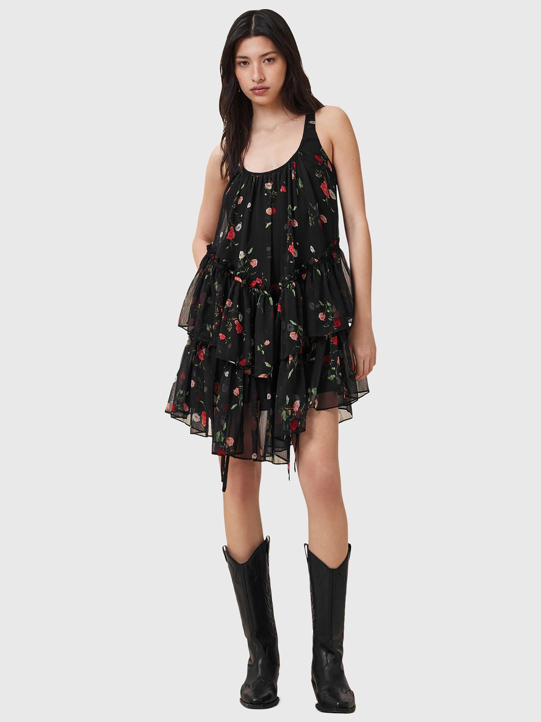 Product image 3 of 7, which shows AllSaints Rach Floral Tiered Dress, Briar Black, 10