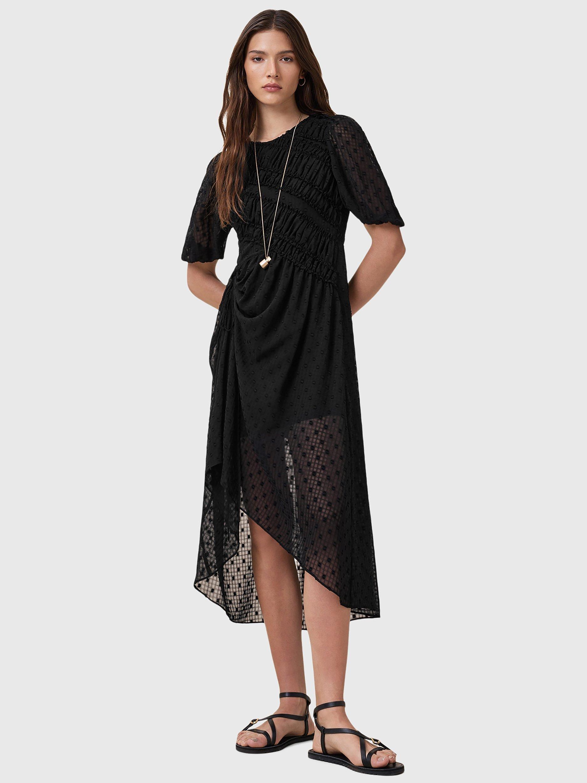Product image 3 of 9, which shows AllSaints Rye Embroidered Asymmetric Party Dress, Black, 10
