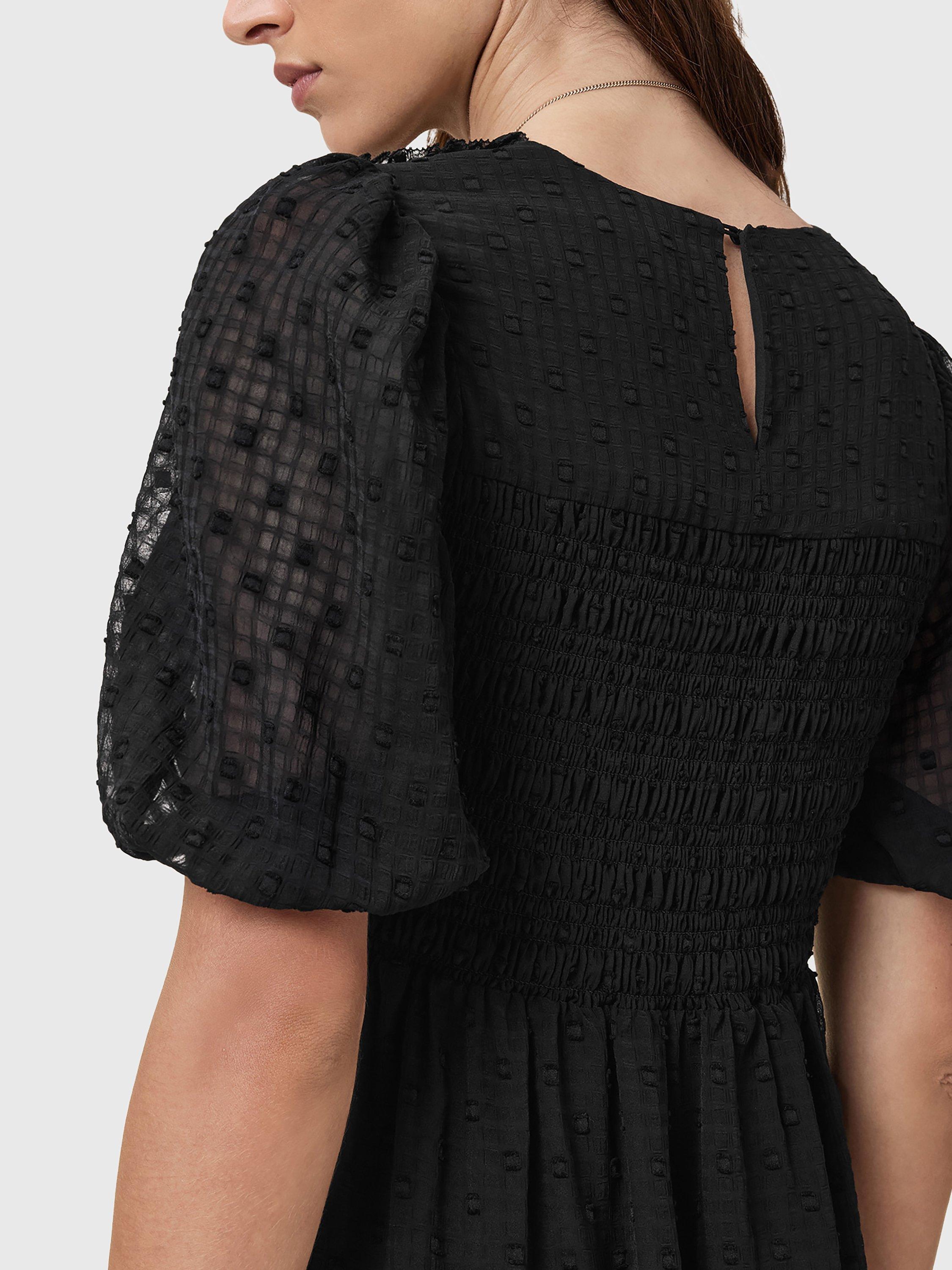Product image 5 of 9, which shows AllSaints Rye Embroidered Asymmetric Party Dress, Black, 10