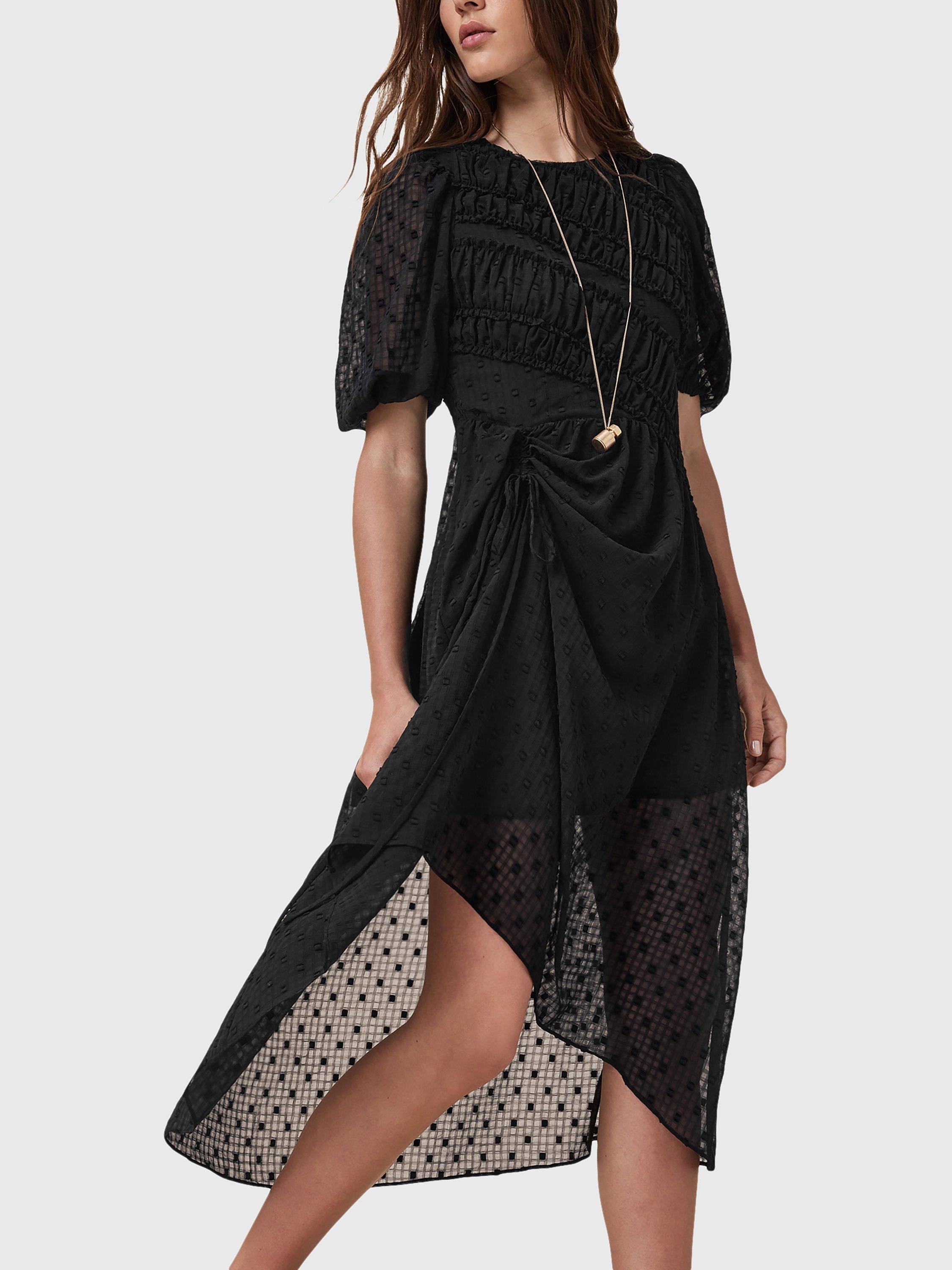 Product image 6 of 9, which shows AllSaints Rye Embroidered Asymmetric Party Dress, Black, 10