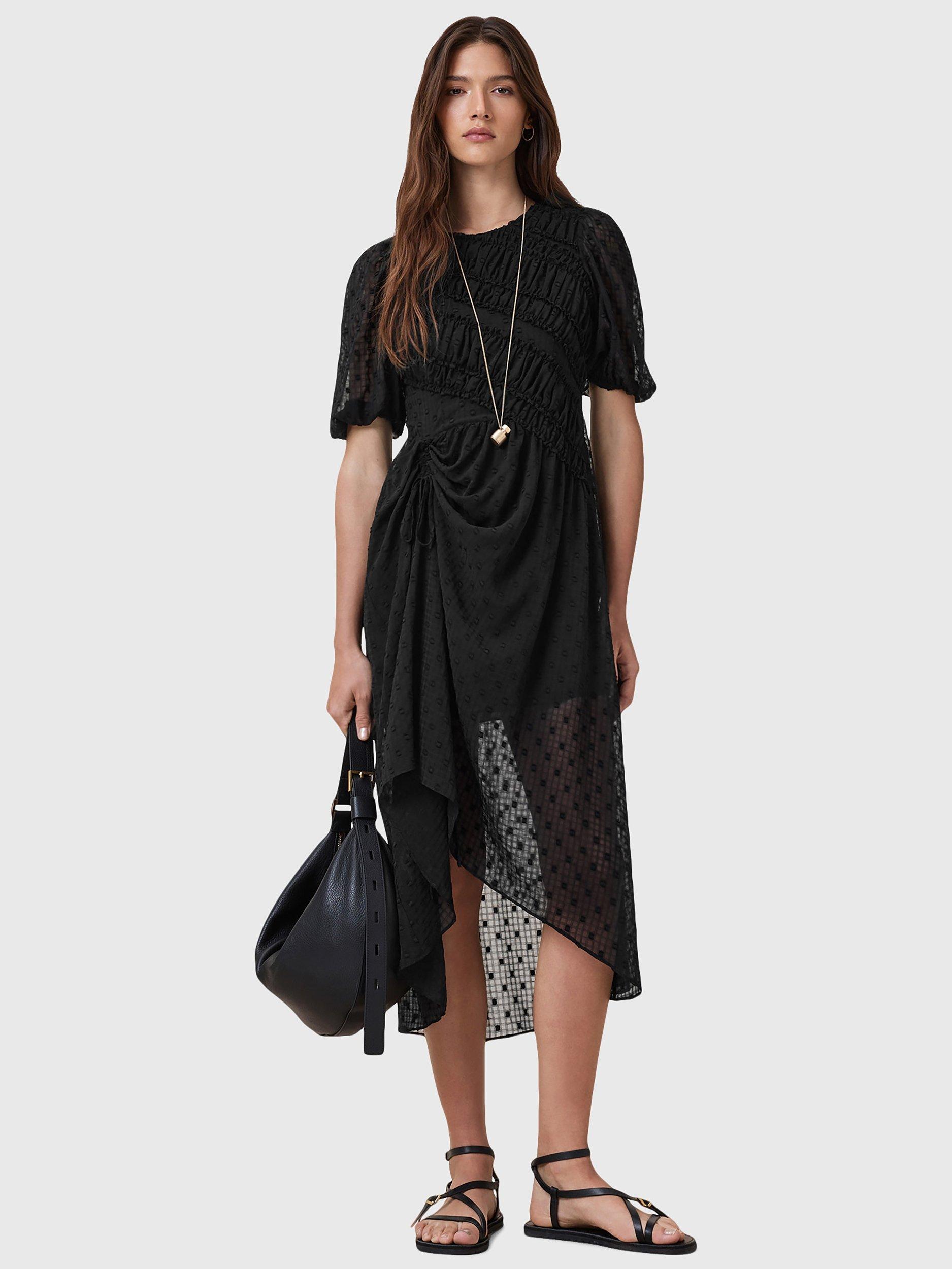 Product image 7 of 9, which shows AllSaints Rye Embroidered Asymmetric Party Dress, Black, 10