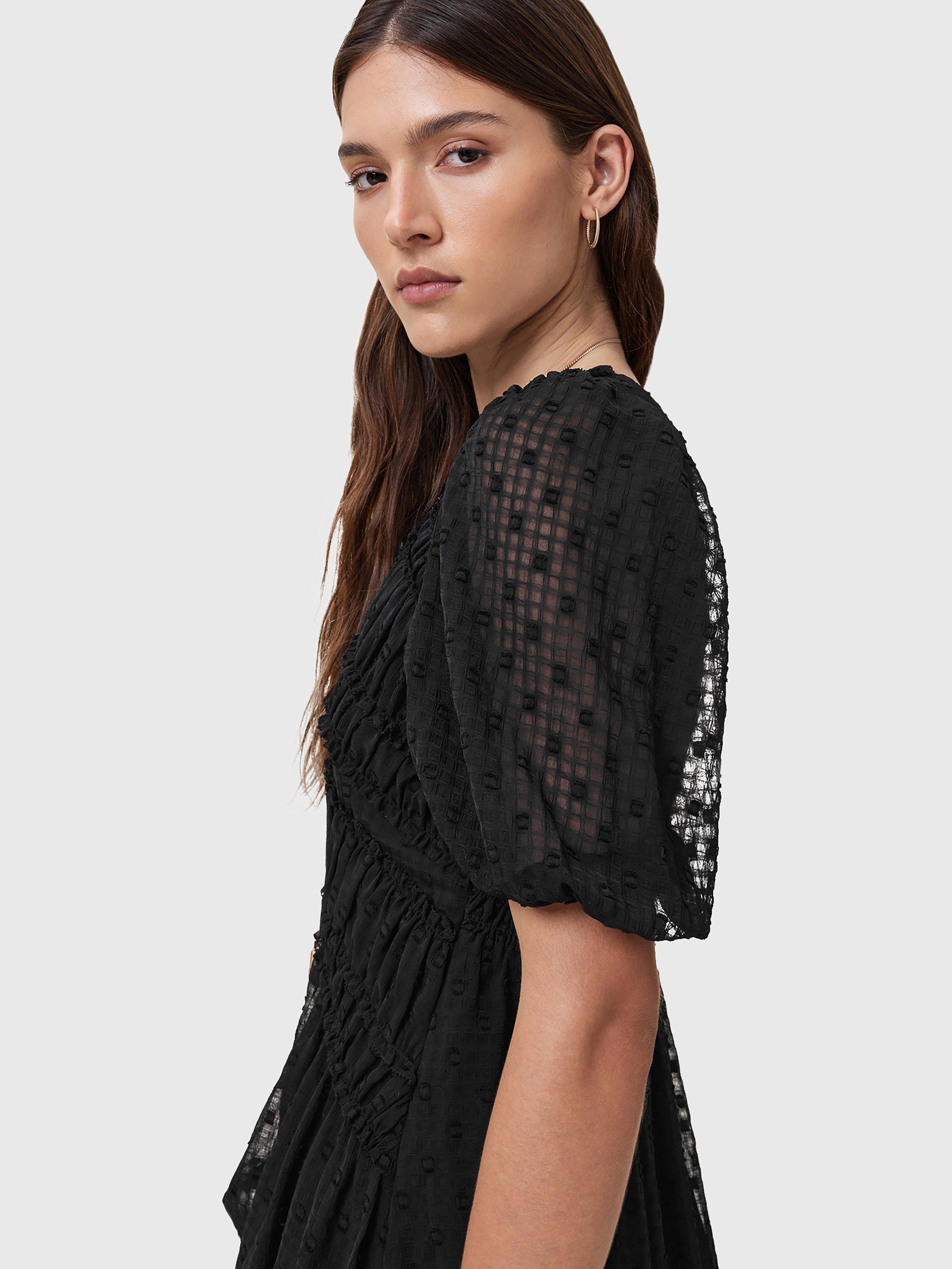 Product image 8 of 9, which shows AllSaints Rye Embroidered Asymmetric Party Dress, Black, 10
