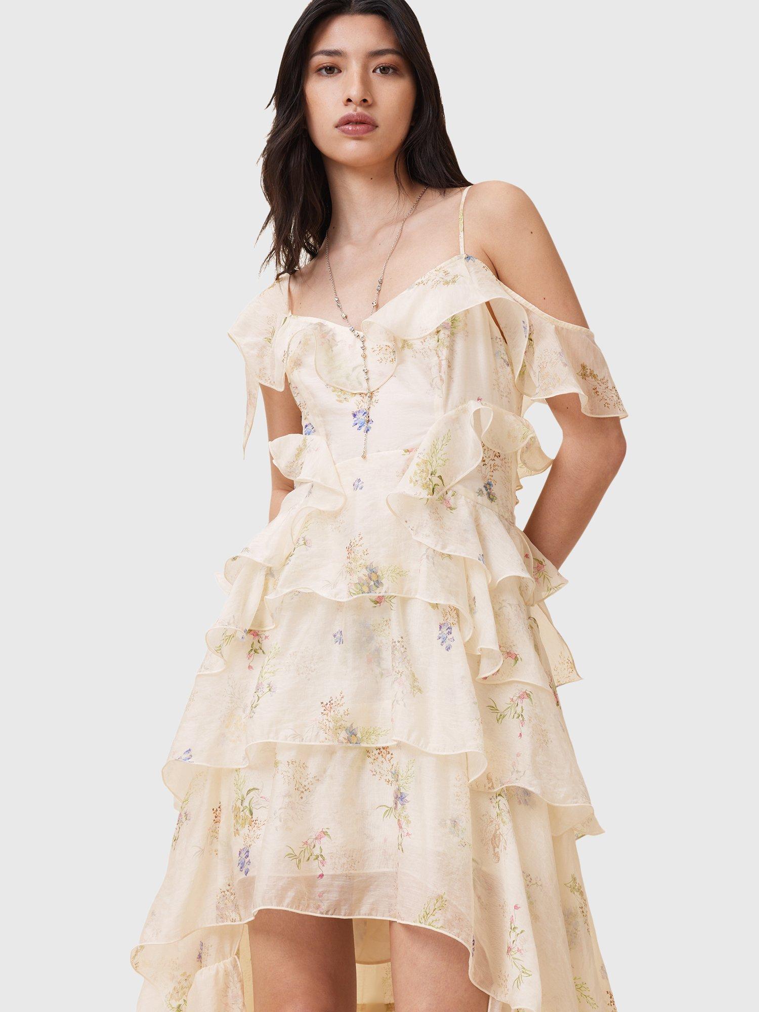 Product image 1 of 8, which shows AllSaints Sienna Ruffle Maxi Dress, Ecru/Multi, 10