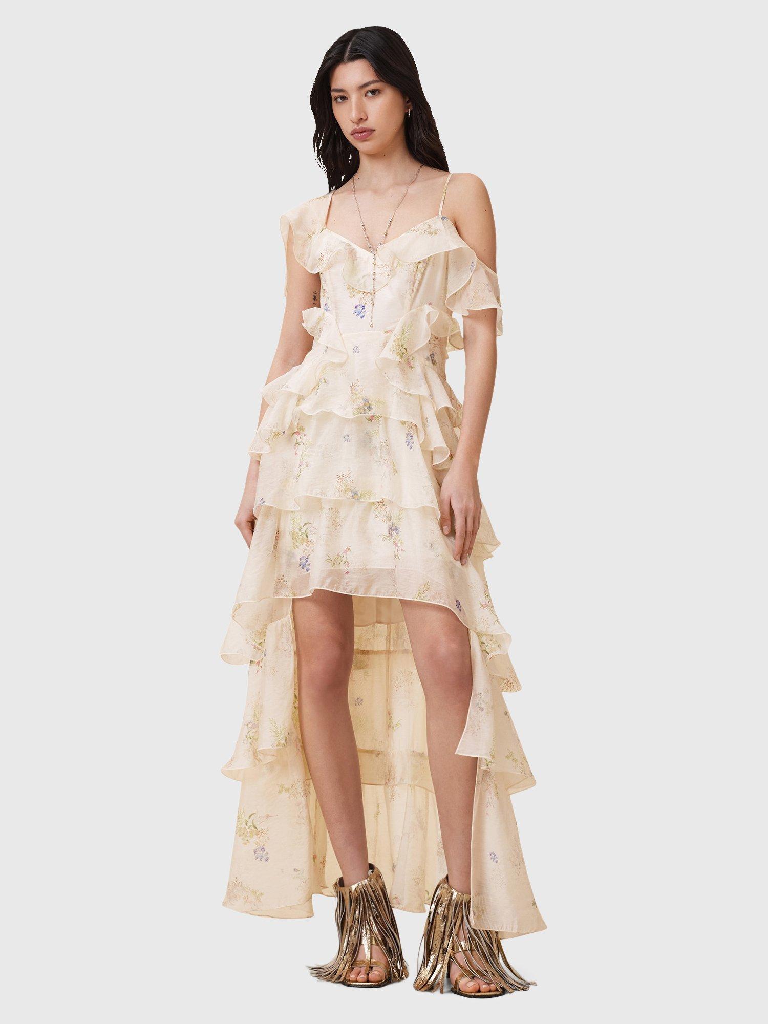 Product image 3 of 8, which shows AllSaints Sienna Ruffle Maxi Dress, Ecru/Multi, 10