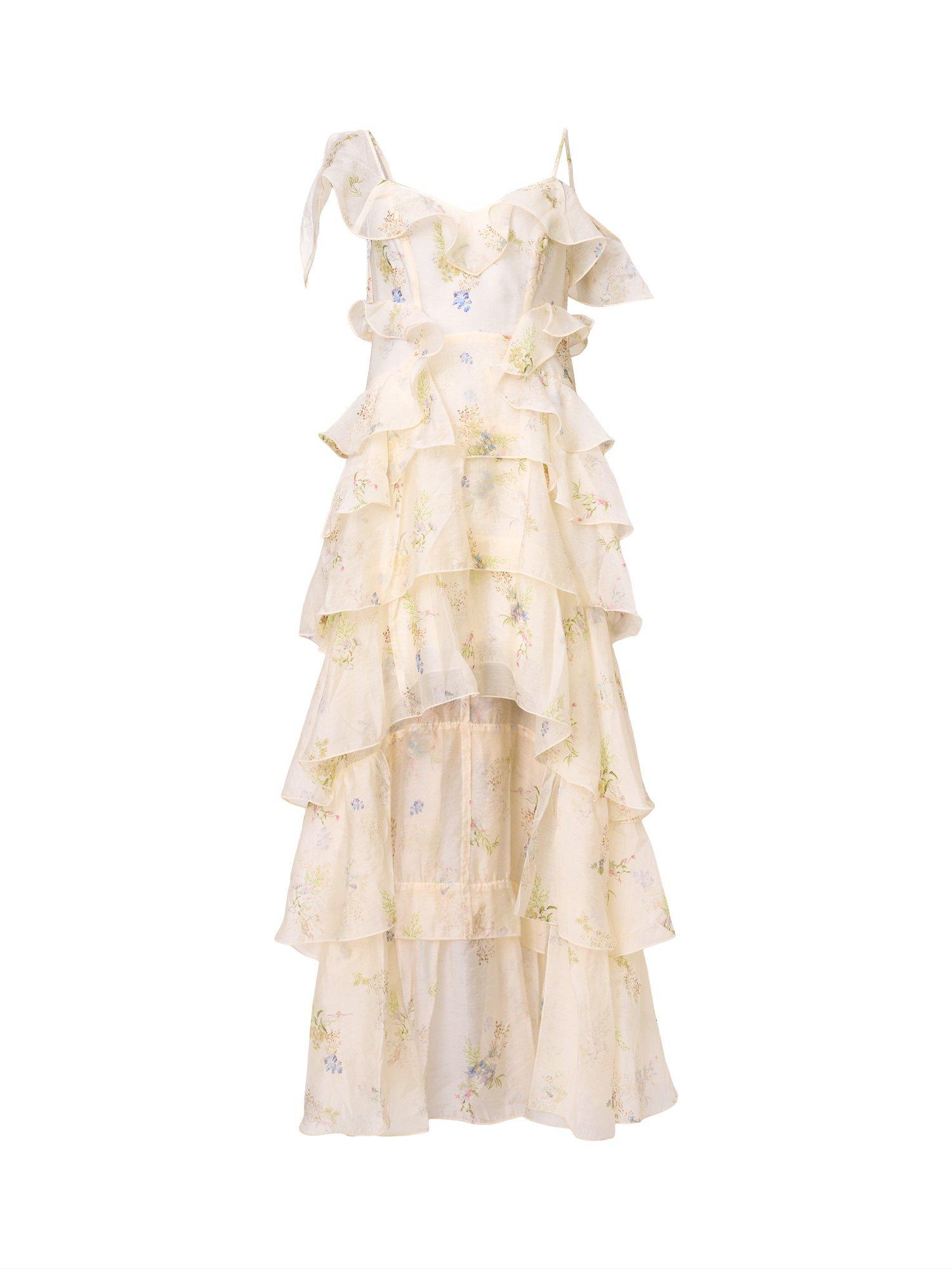 Product image 4 of 8, which shows AllSaints Sienna Ruffle Maxi Dress, Ecru/Multi, 10