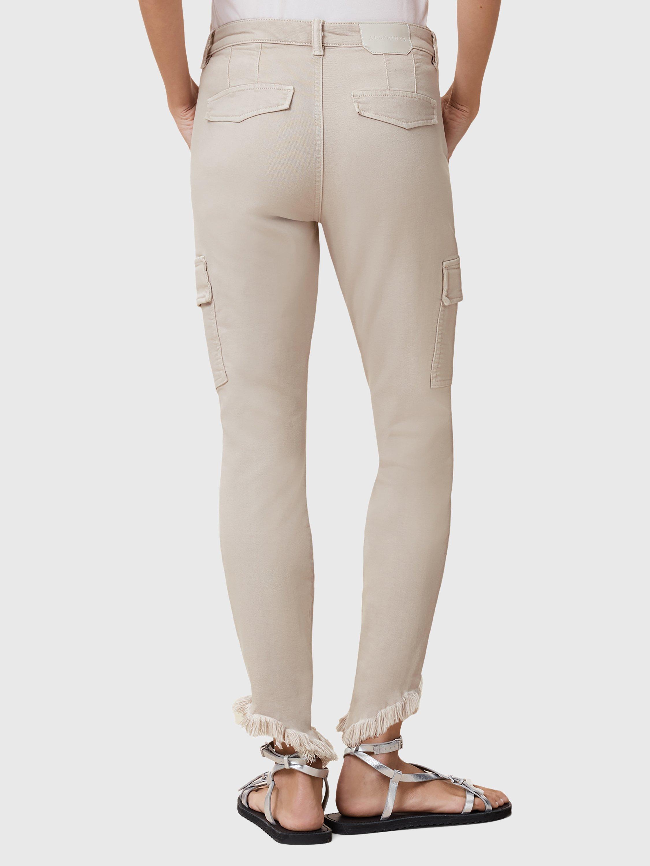 Product image 2 of 10, which shows AllSaints Duran Asymmetrical Cotton Blend Cargo Jeans, Cream, 25