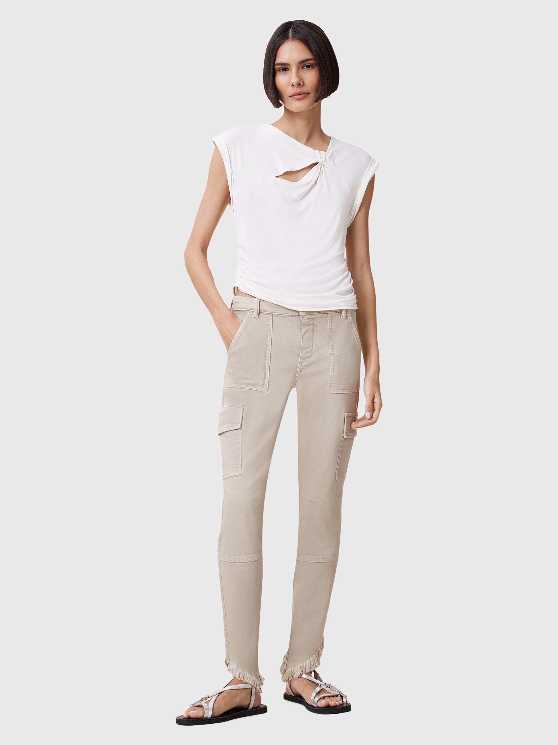Product image 3 of 10, which shows AllSaints Duran Asymmetrical Cotton Blend Cargo Jeans, Cream, 25